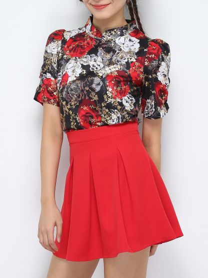 Floral TOp With Pleated Skirt Set 30311