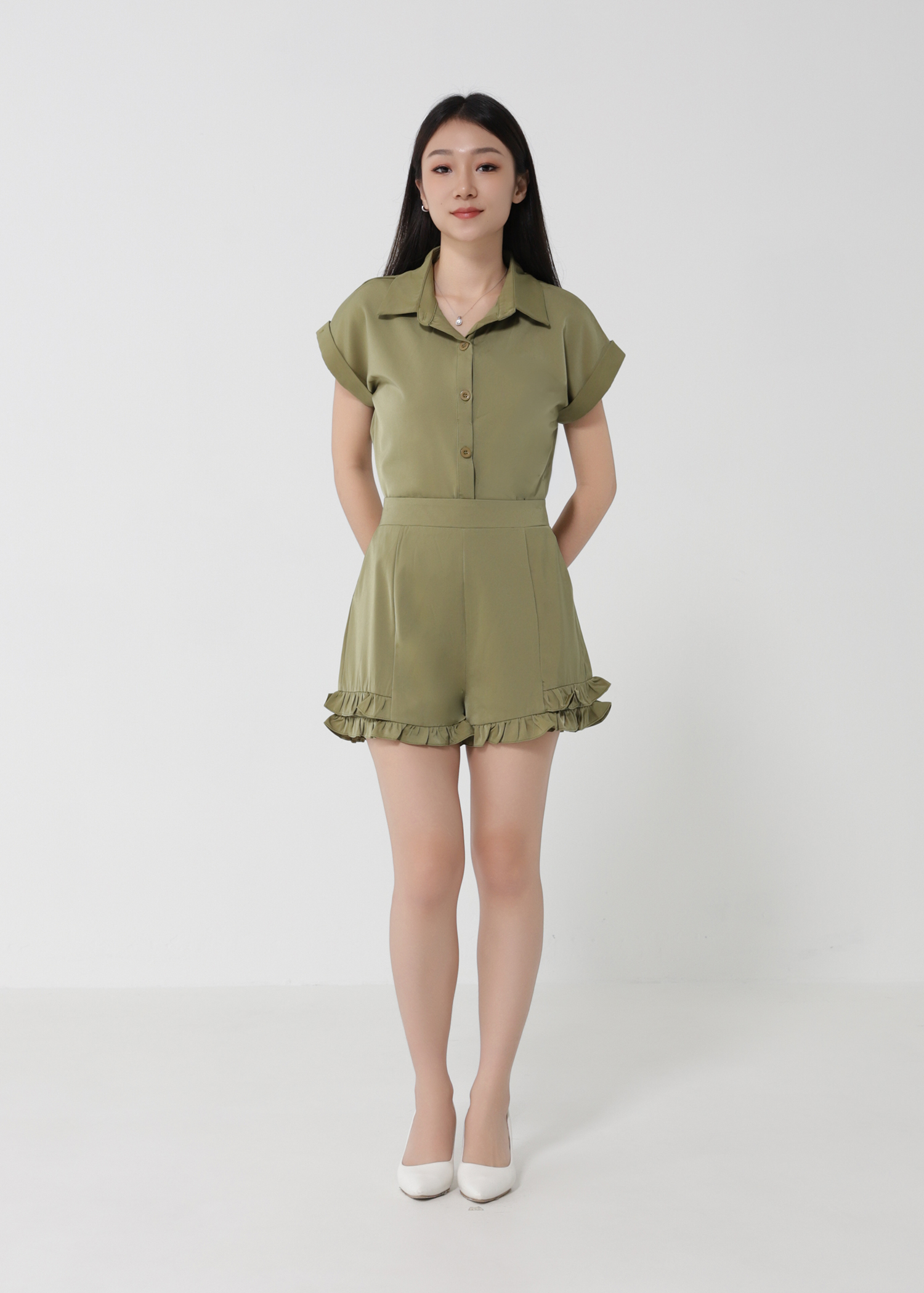 Short Sleeve Frotn Button Top With Short Pant Set 30610