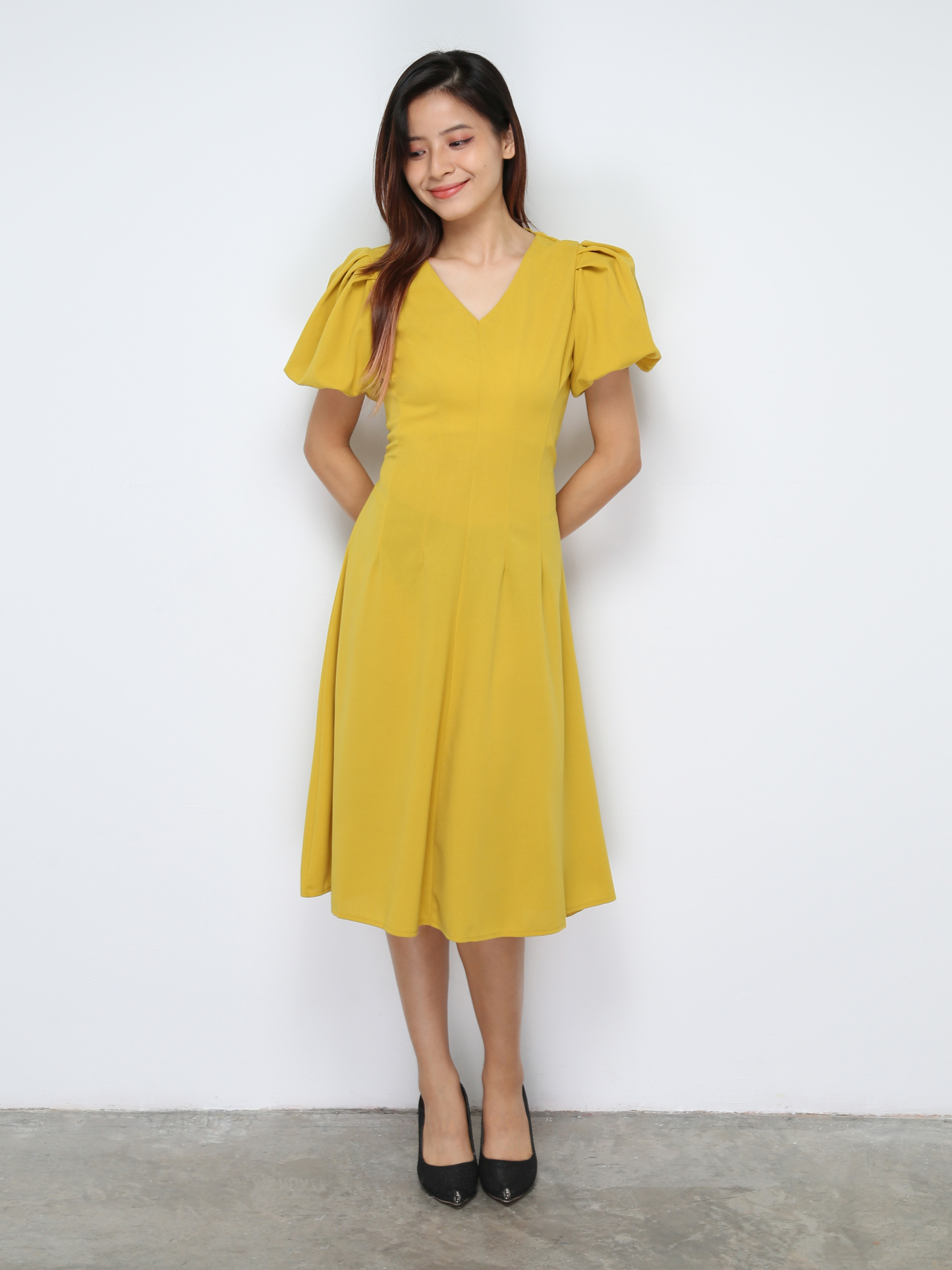 Puff Sleeve V Neck Dress 30647