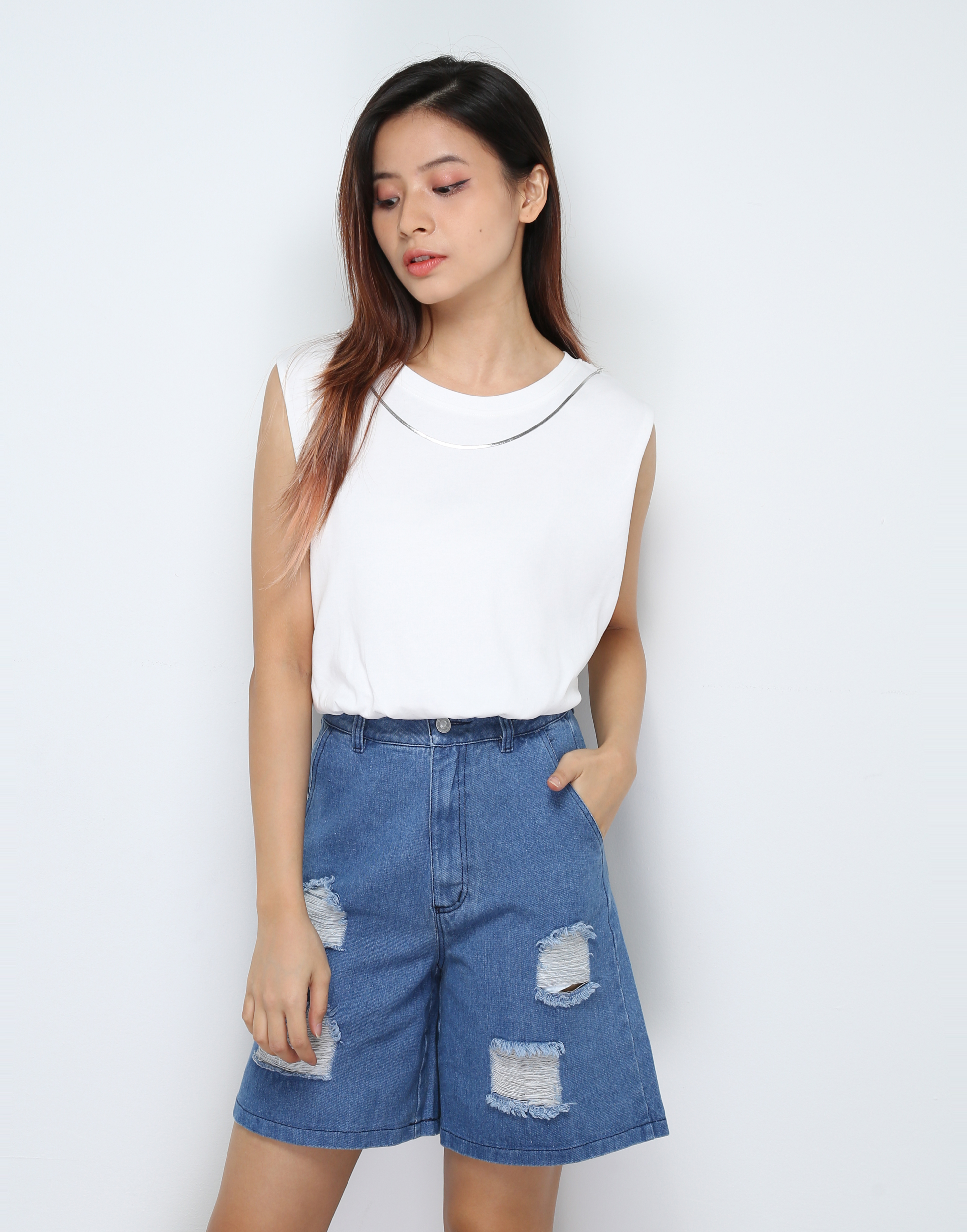 High Waist Denim Ripped Midi Pants 30714