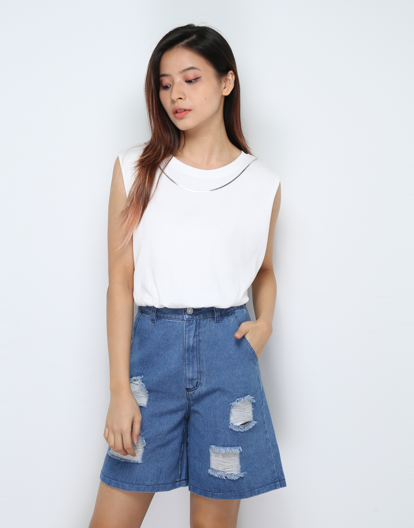 High Waist Denim Ripped Midi Pants 30714