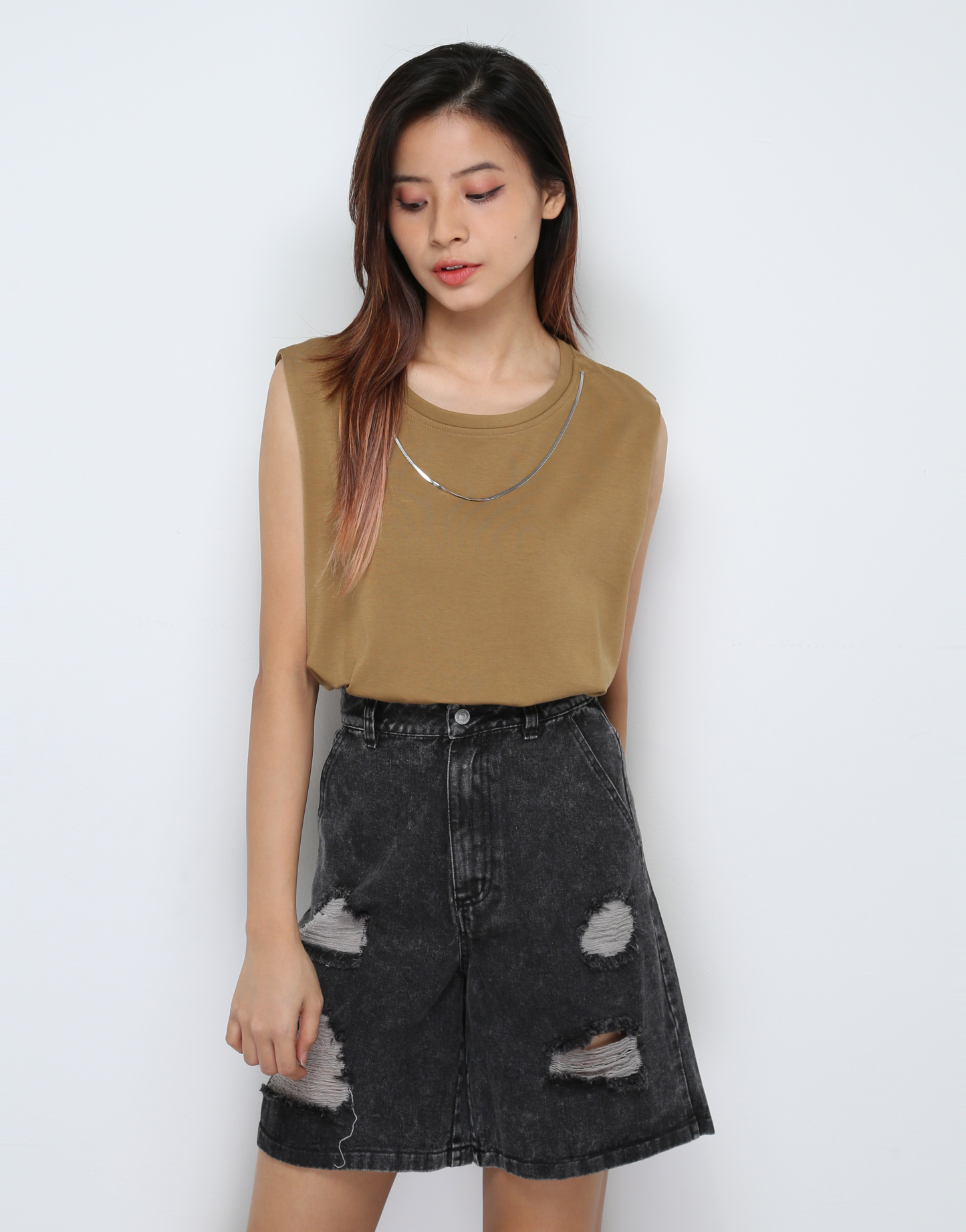 High Waist Denim Ripped Midi Pants 30714