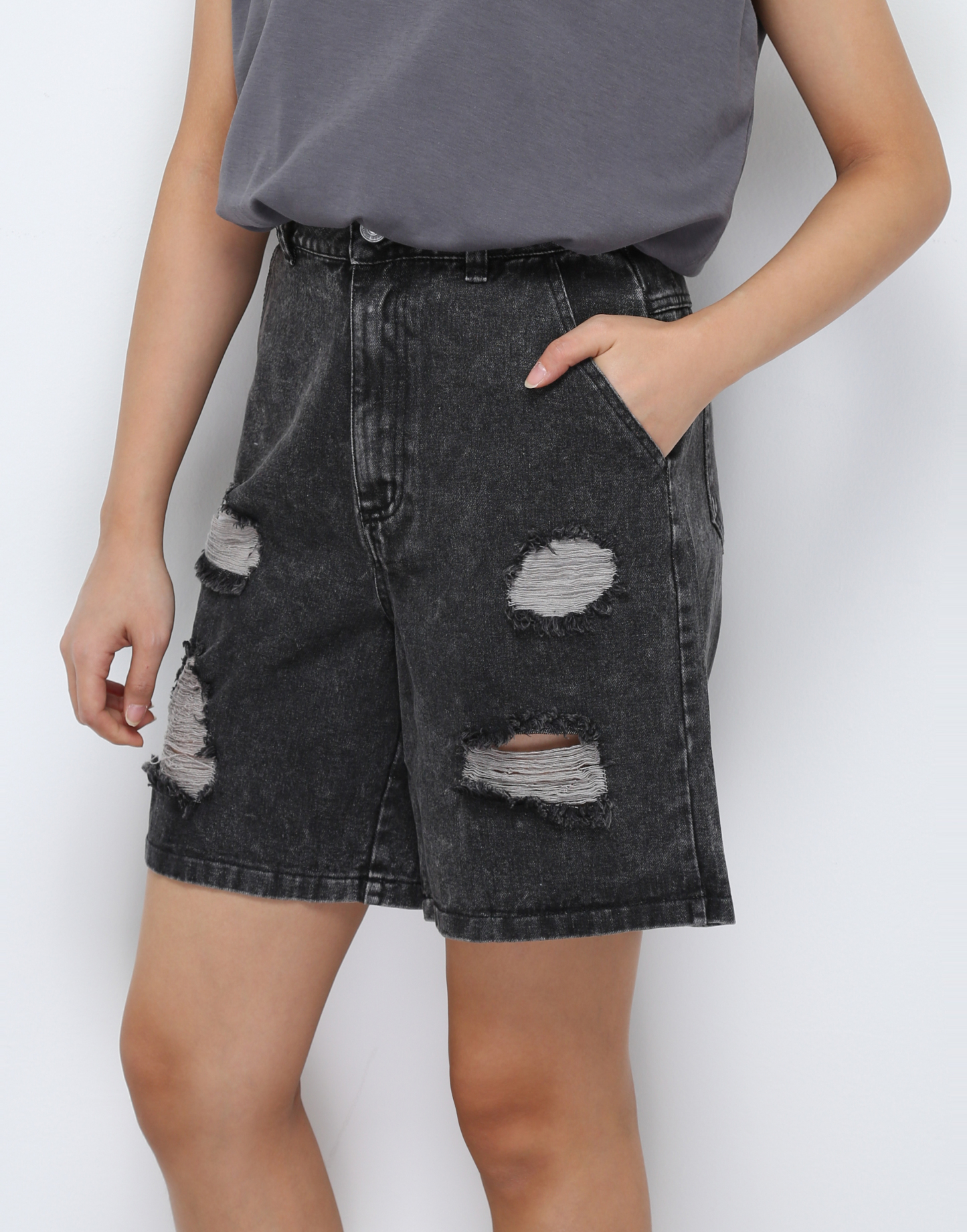 High Waist Denim Ripped Midi Pants 30714