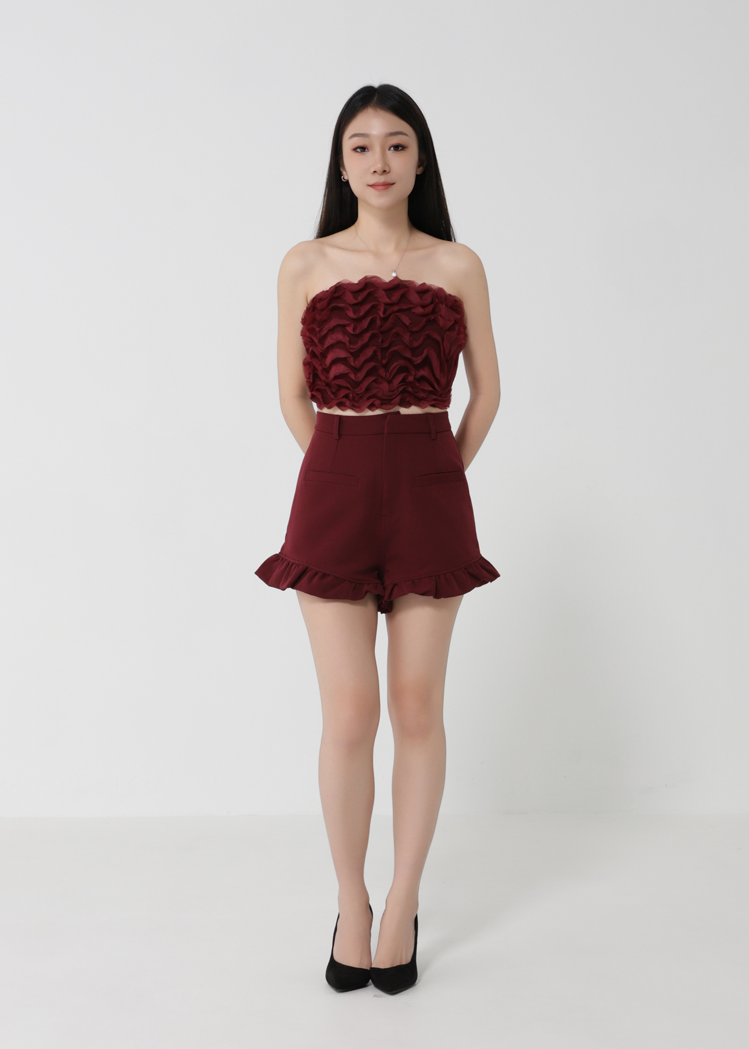 Net Wave Design Top With Short Pants Set 30722