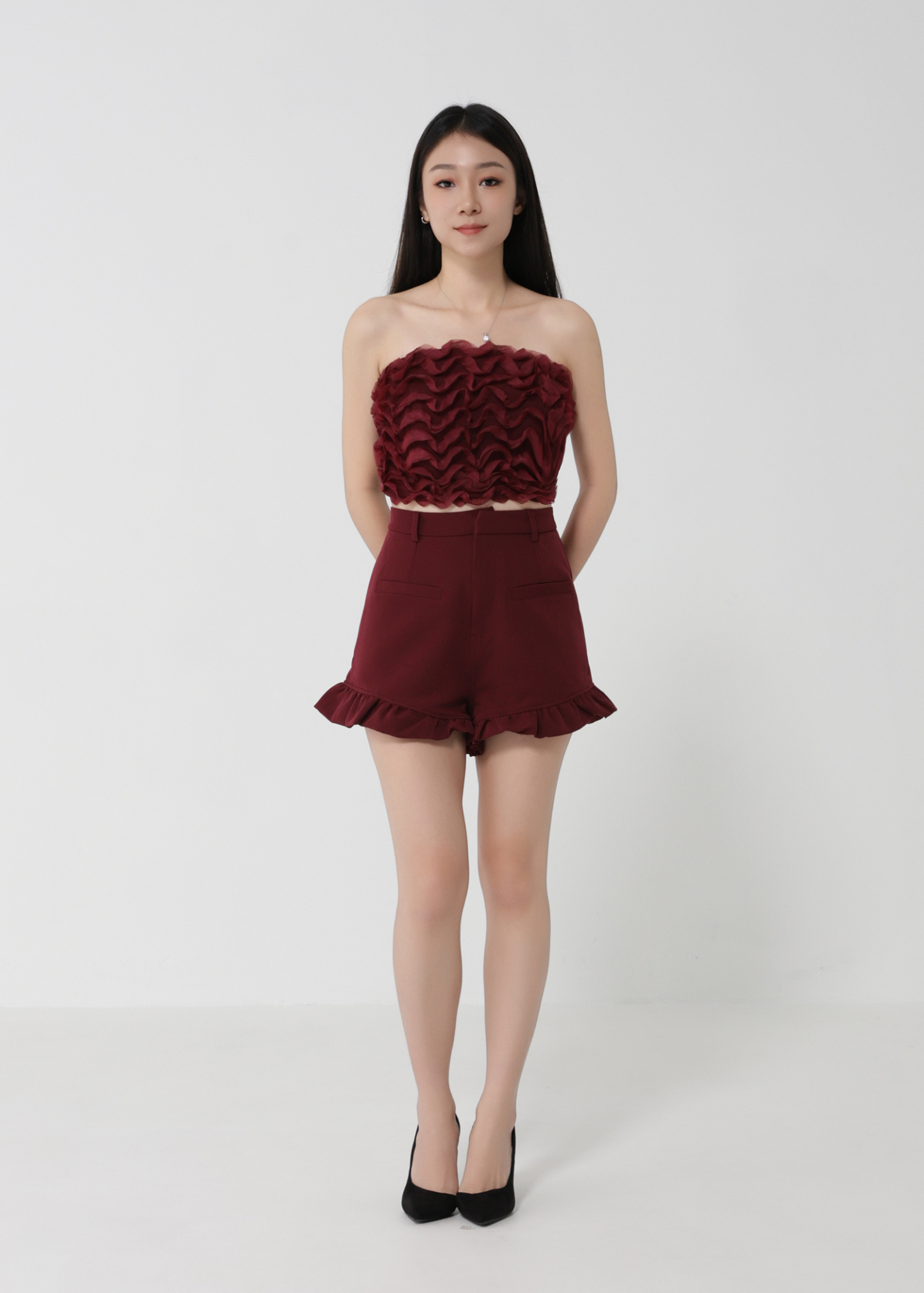 Net Wave Design Top With Short Pants Set 30722