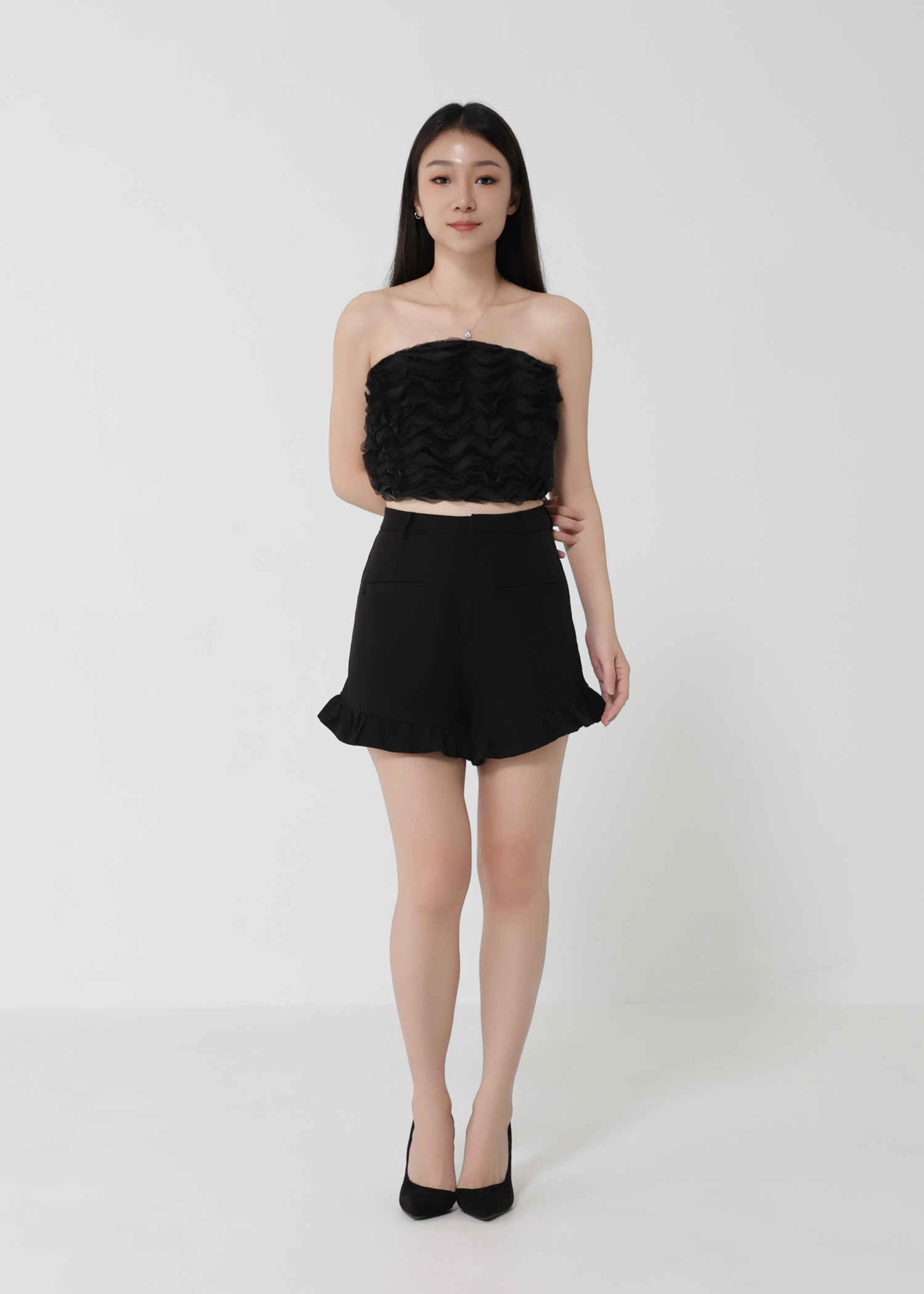 Net Wave Design Top With Short Pants Set 30722