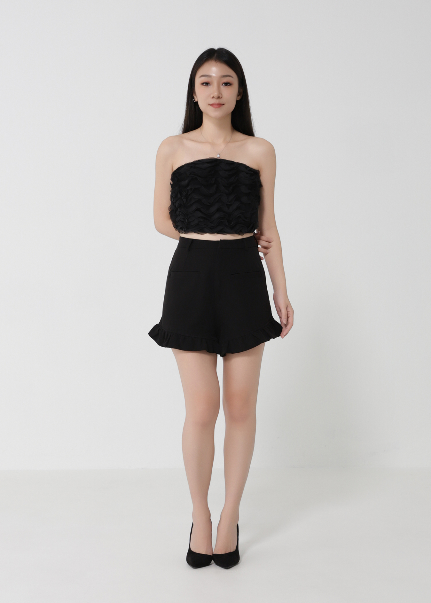 Net Wave Design Top With Short Pants Set 30722