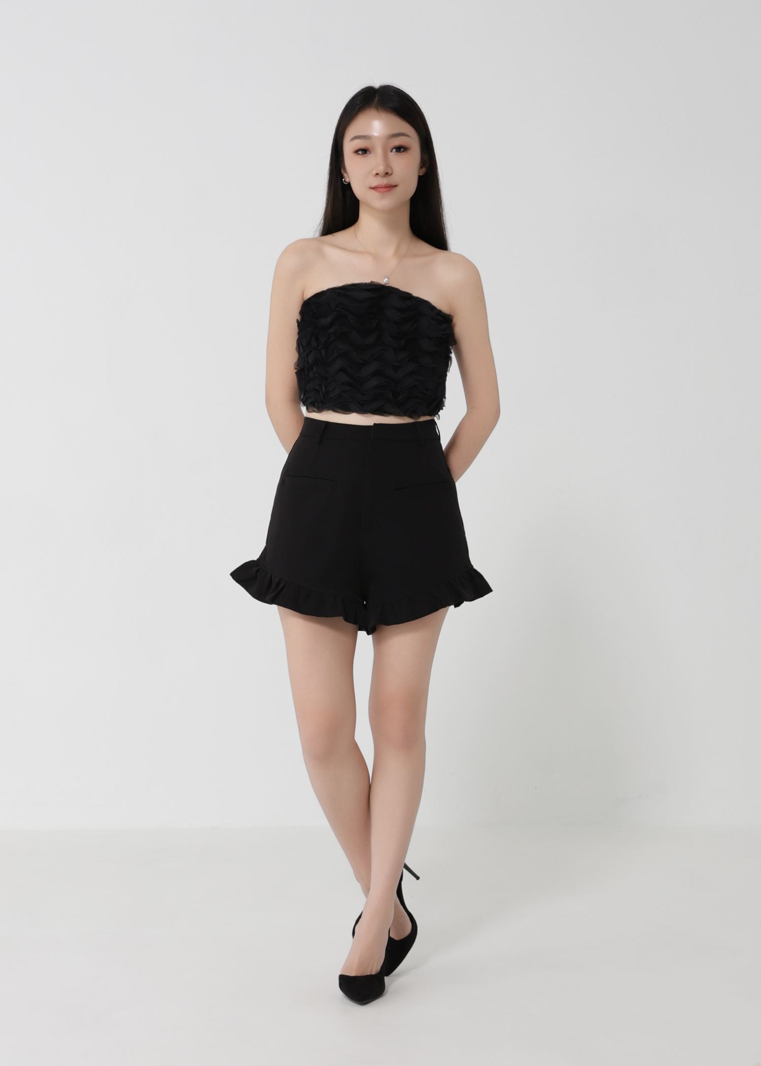 Net Wave Design Top With Short Pants Set 30722