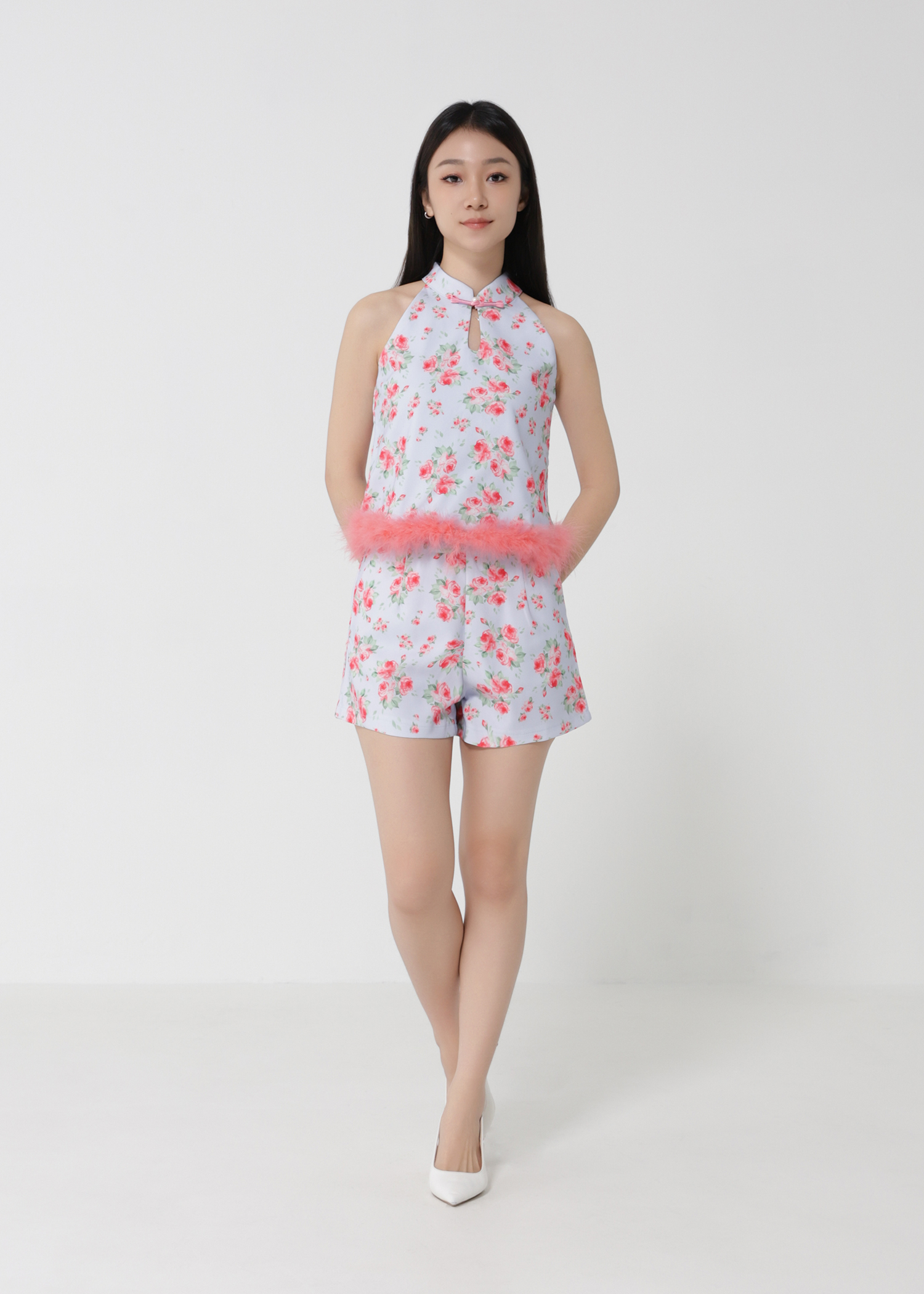 Floral Halter With Fur Top With Short Pants Set 30928