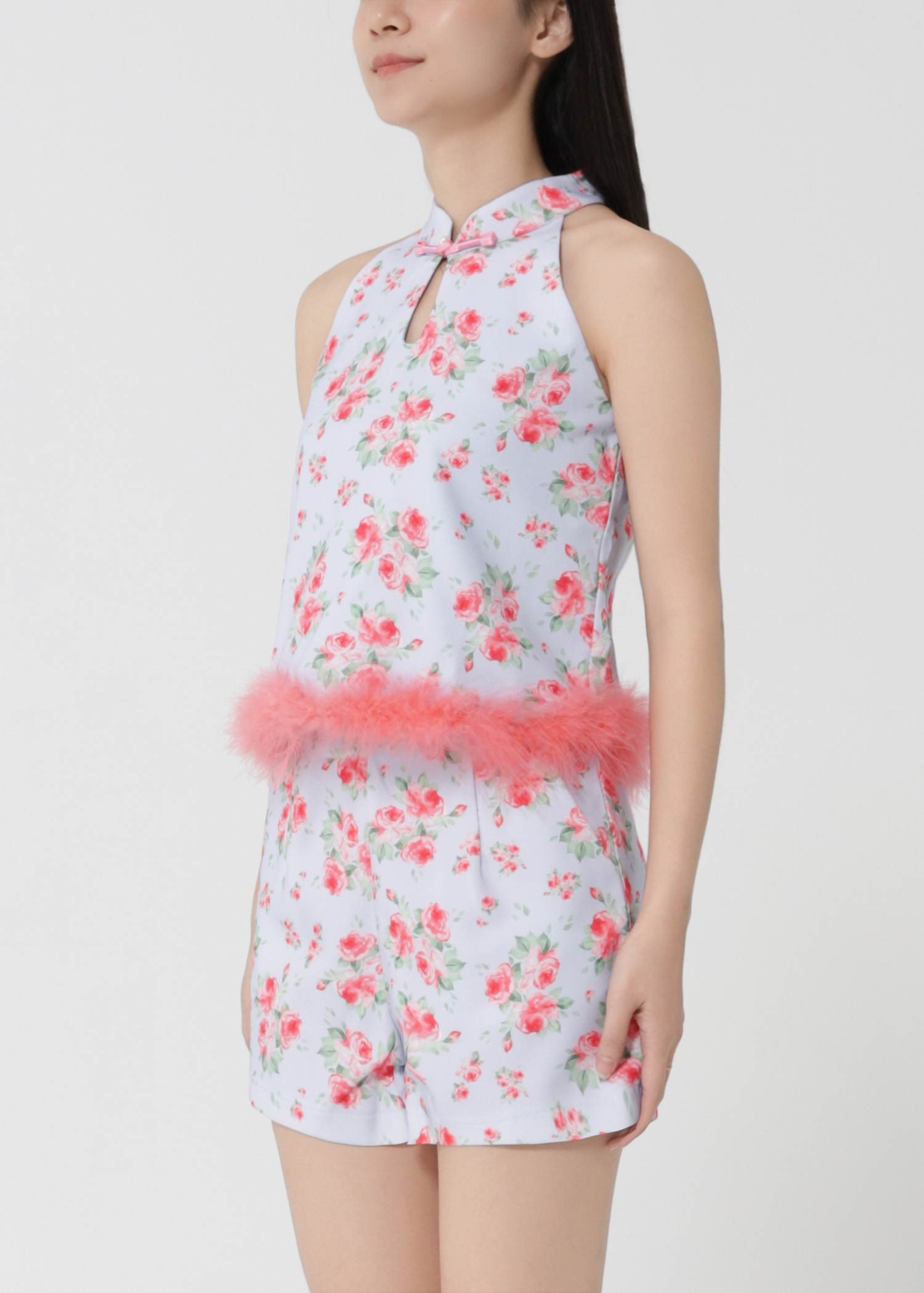 Floral Halter With Fur Top With Short Pants Set 30928