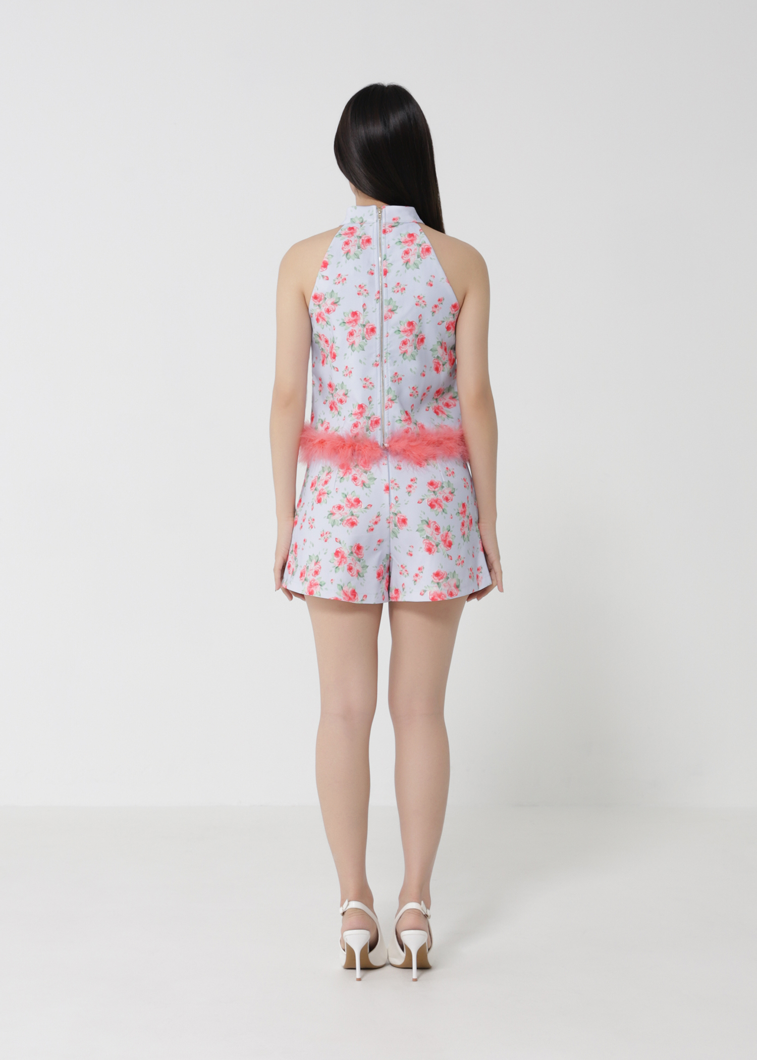 Floral Halter With Fur Top With Short Pants Set 30928
