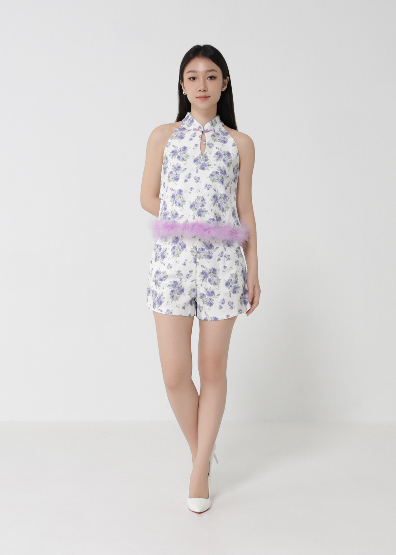 Floral Halter With Fur Top With Short Pants Set 30928