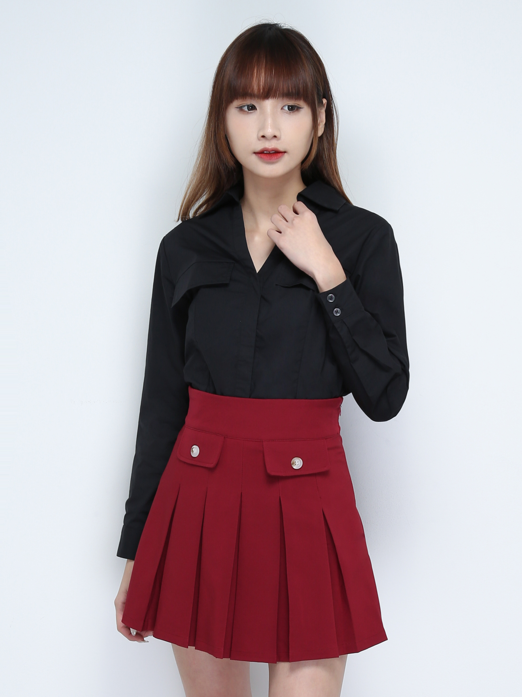 Side Zip Front Decorative Pocket Pleated Skirt Pant 31134 (SPO)