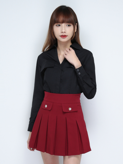 Side Zip Front Decorative Pocket Pleated Skirt Pant 31134 (SPO)