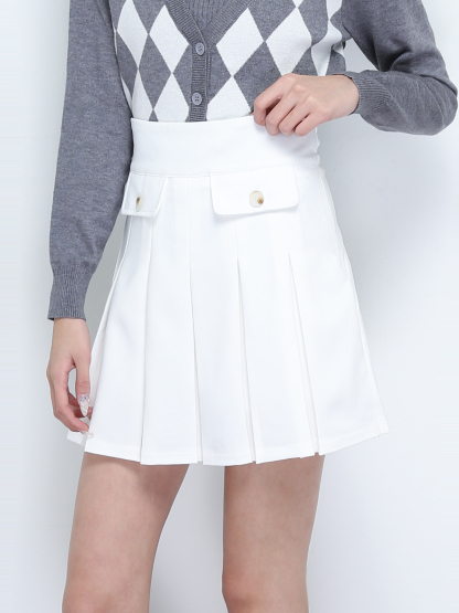 Side Zip Front Decorative Pocket Pleated Skirt Pant 31134 (SPO)