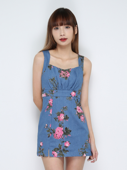 Denim Sleeveless Floral Dress 31121