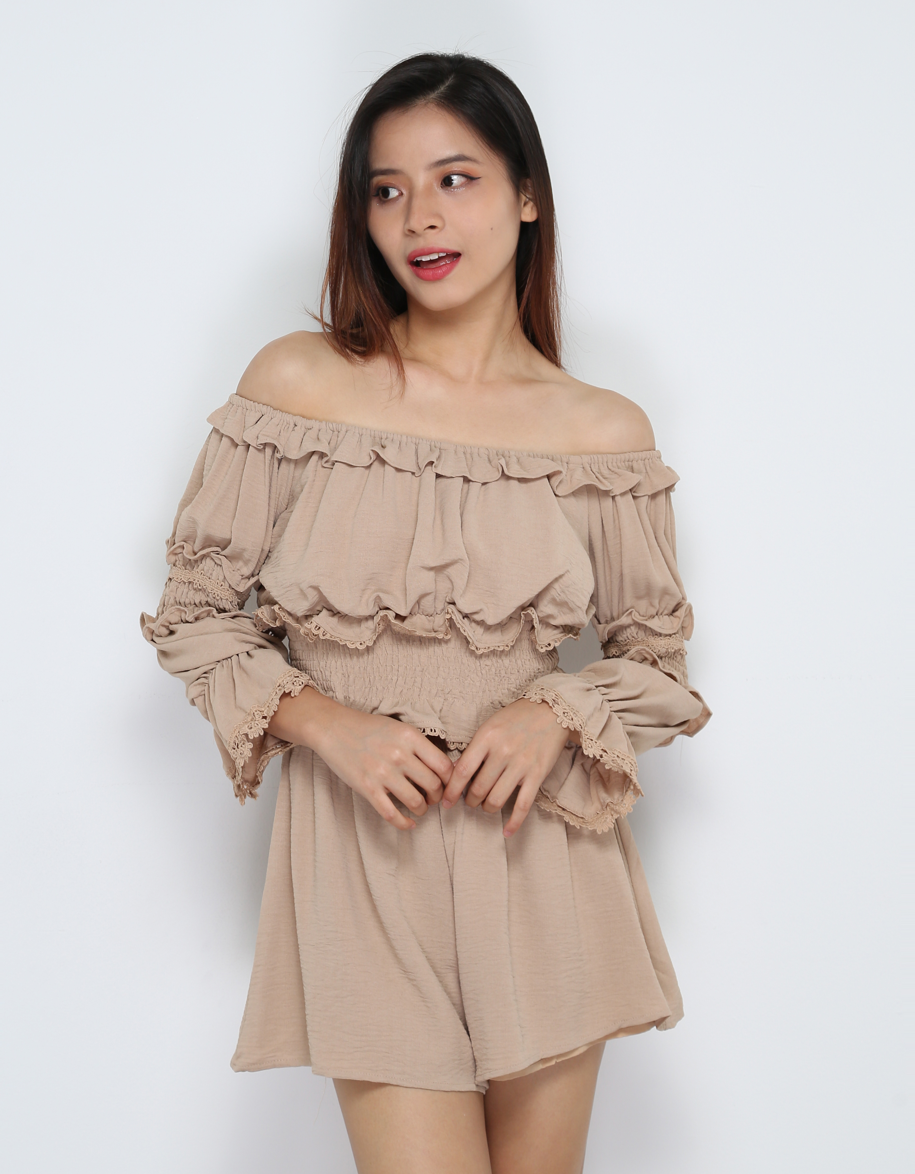 Long Sleeve Pleated Top With Short Pant Set 31847