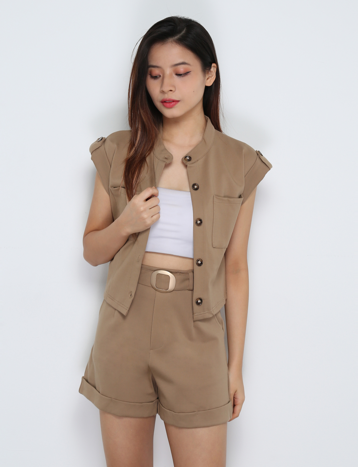 Short Sleeve Front Button Top With Short Pant Set 31861