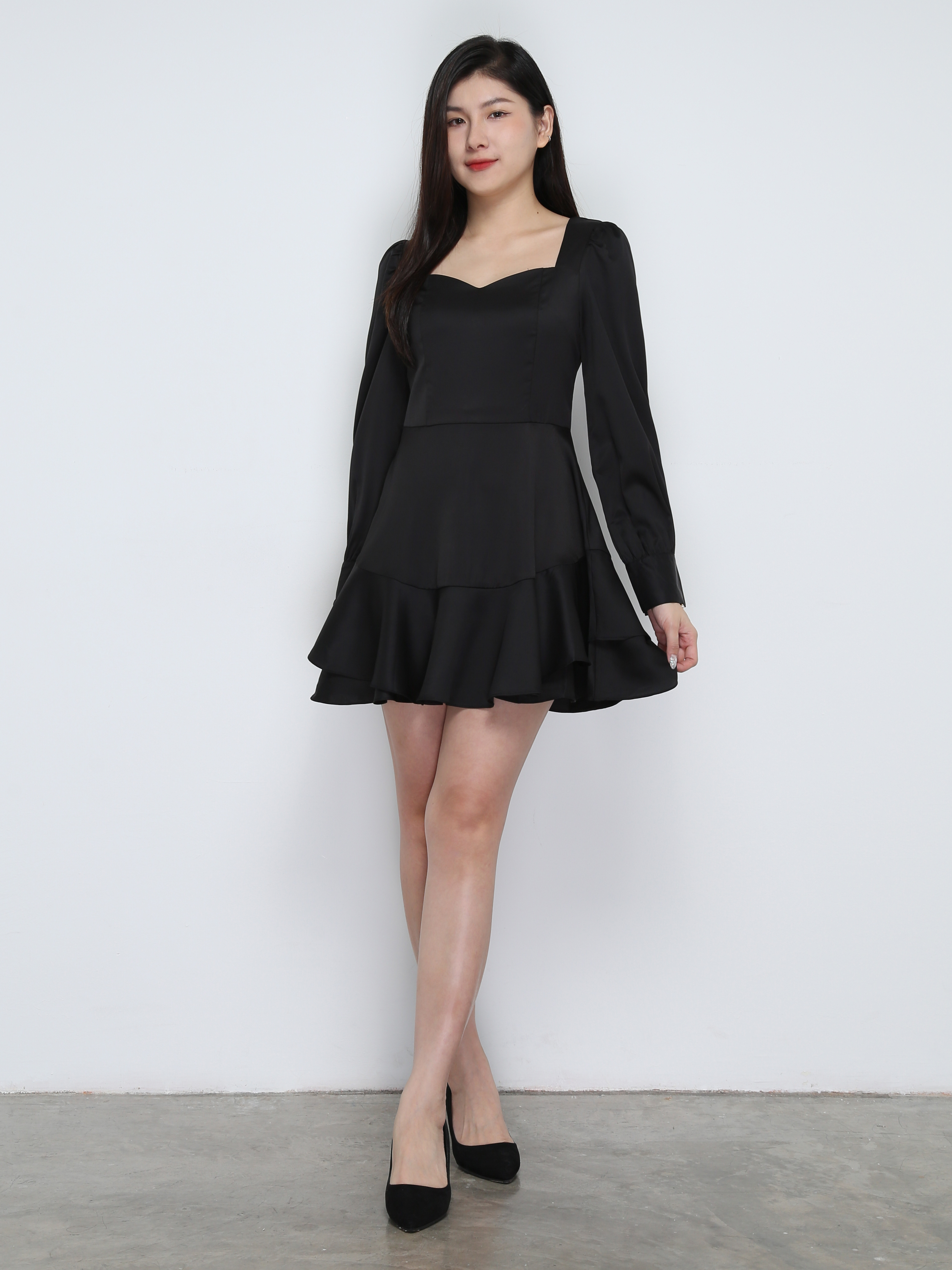 Long Sleeve Back Zip Pleated Dress 31882