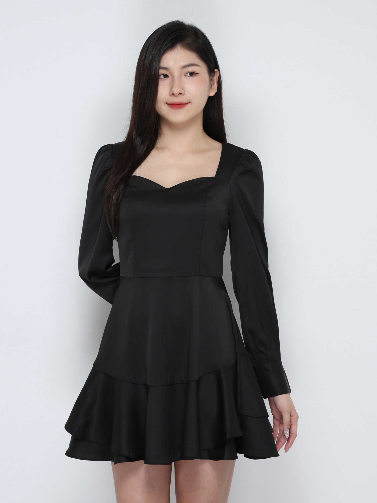 Long Sleeve Back Zip Pleated Dress 31882
