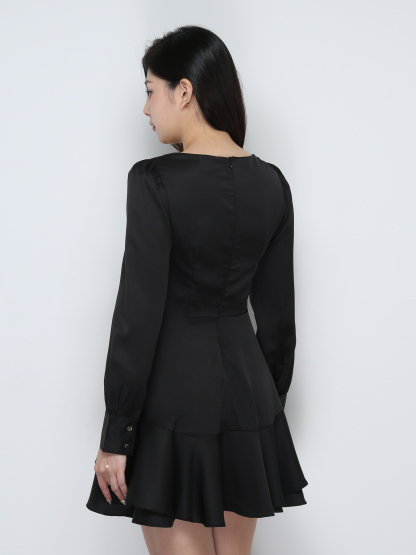 Long Sleeve Back Zip Pleated Dress 31882