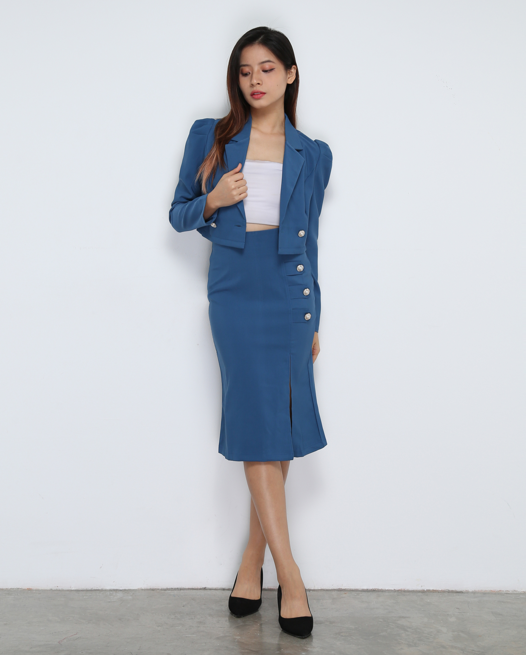 Long Sleeve Front Button With Long Skirt Set 31897