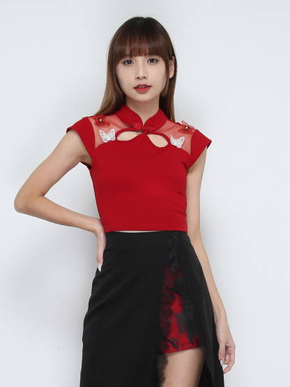 Sleeveless Back Zip Front Decorative Butterfly Top 32004 (SPO)