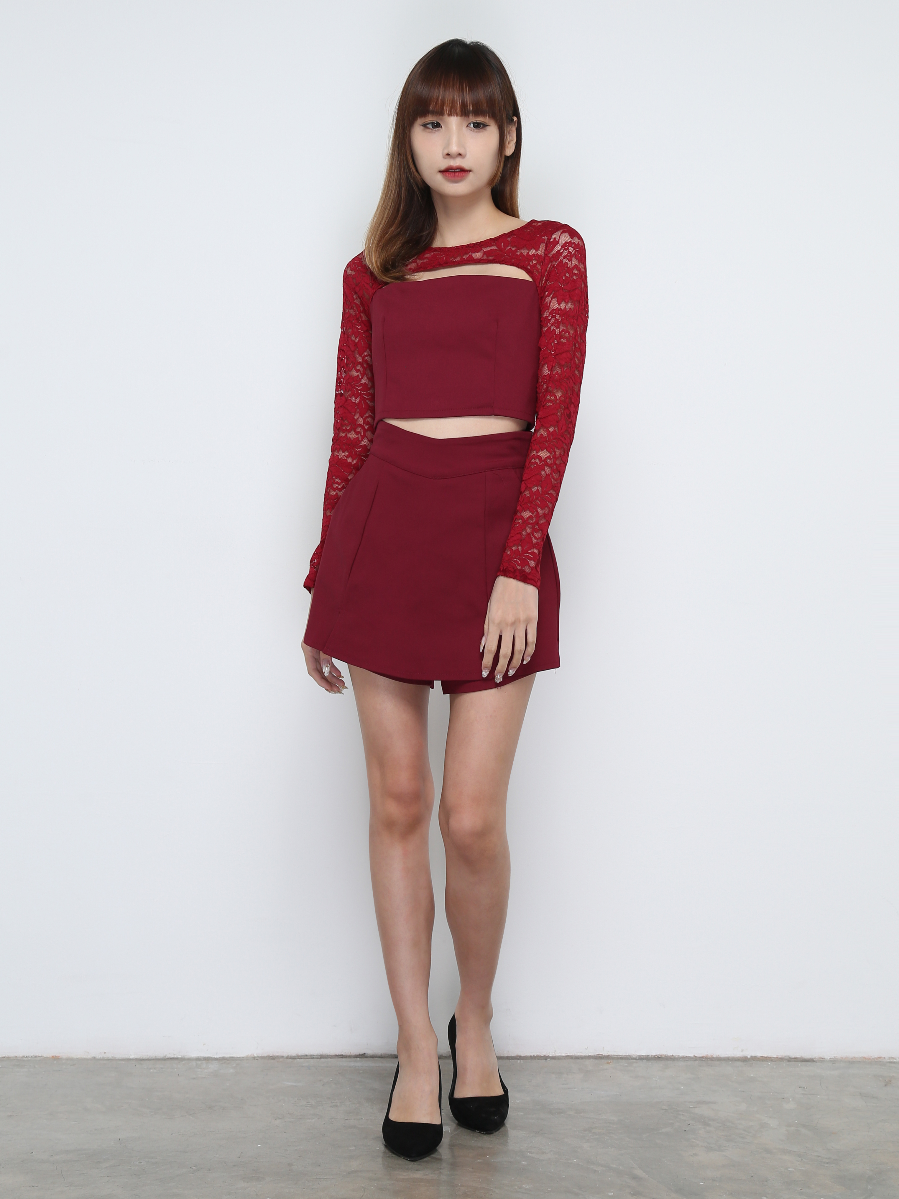 Lace Long Sleeve Top With Skirt Pant Set 32016