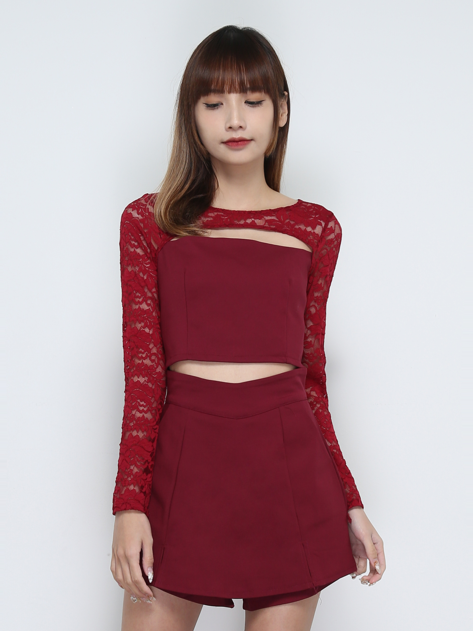 Lace Long Sleeve Top With Skirt Pant Set 32016