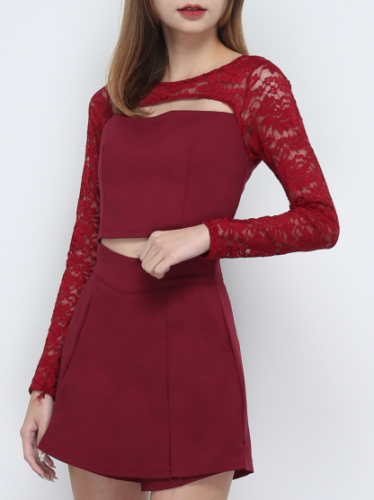 Lace Long Sleeve Top With Skirt Pant Set 32016