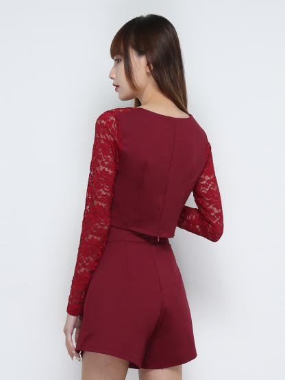 Lace Long Sleeve Top With Skirt Pant Set 32016