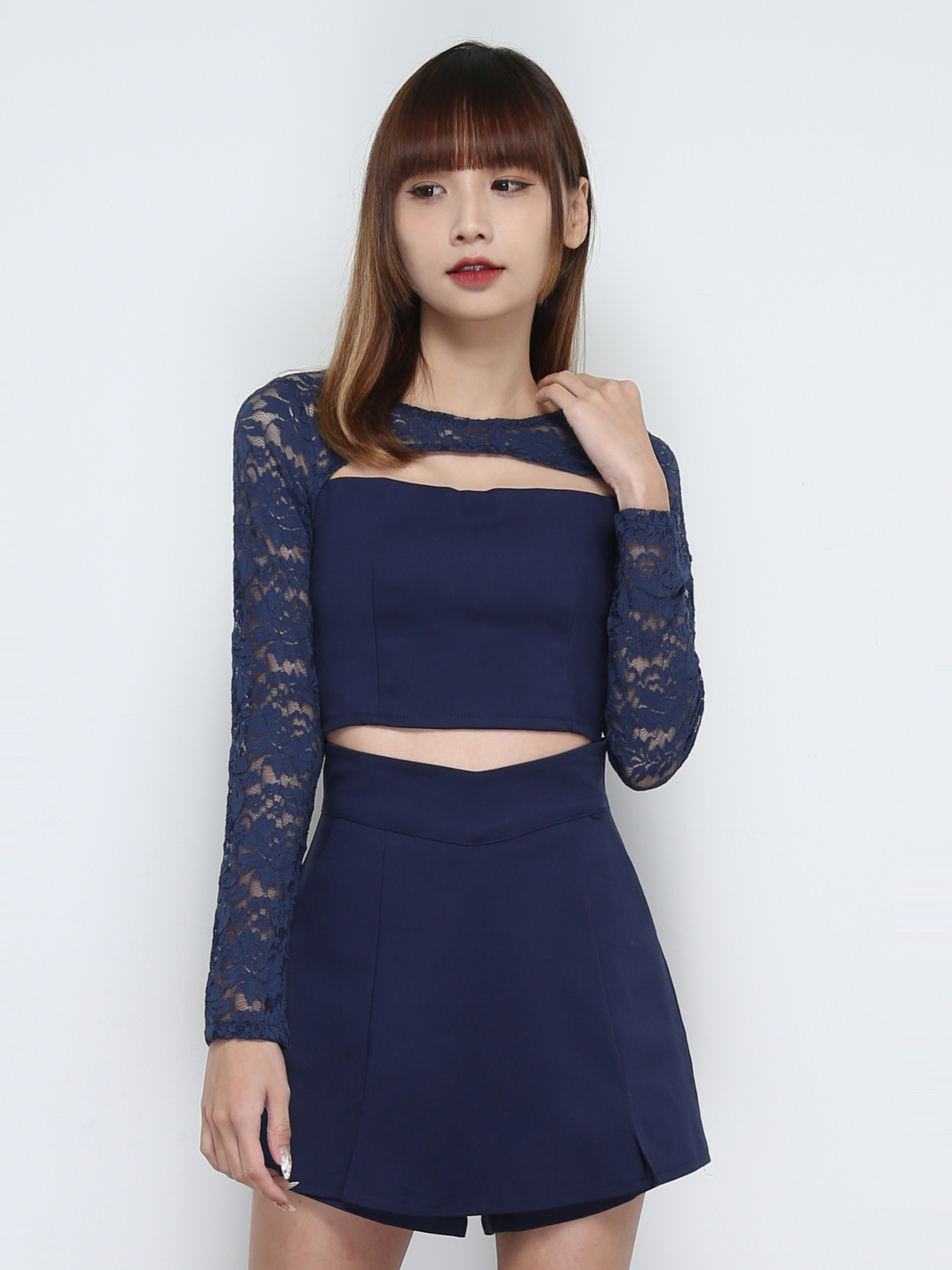 Lace Long Sleeve Top With Skirt Pant Set 32016