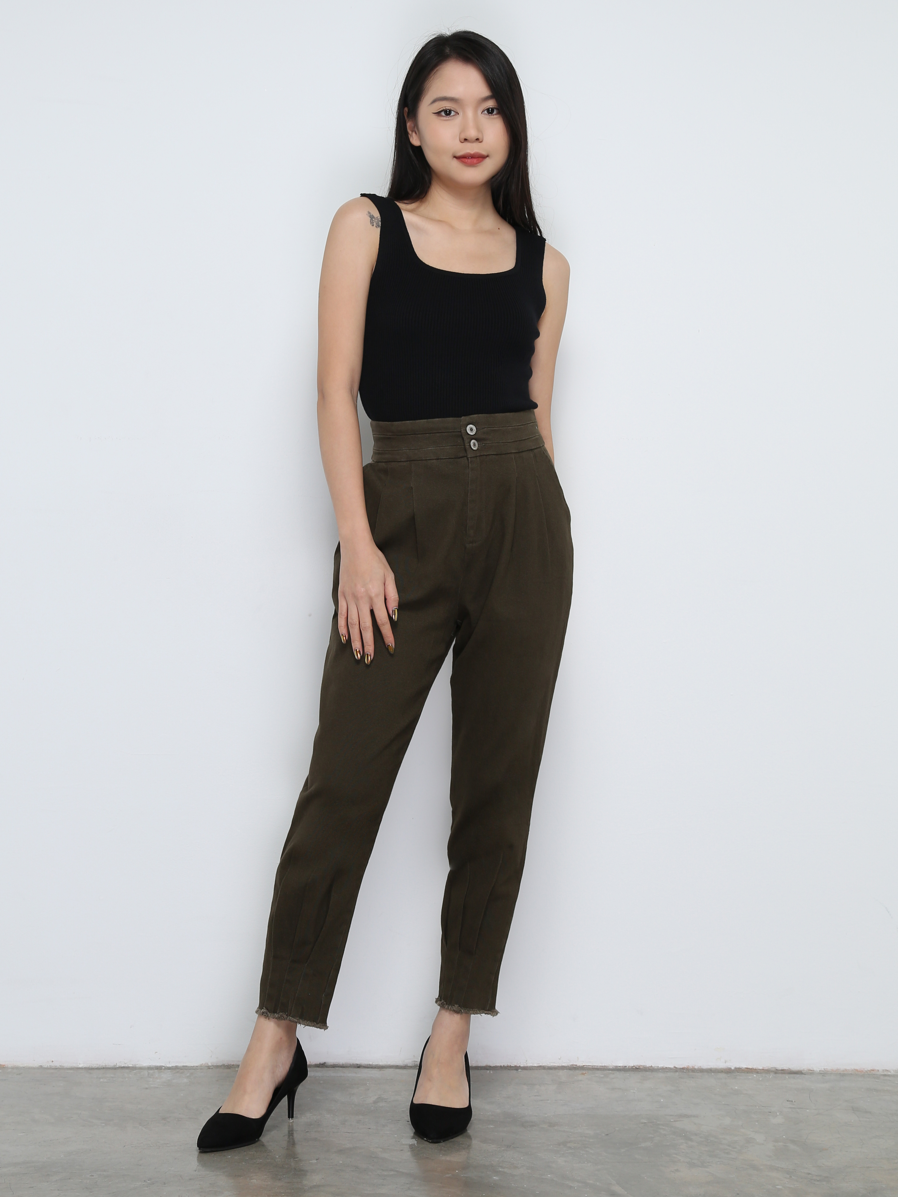High Waist Front Button Pleated Long Pant 31873