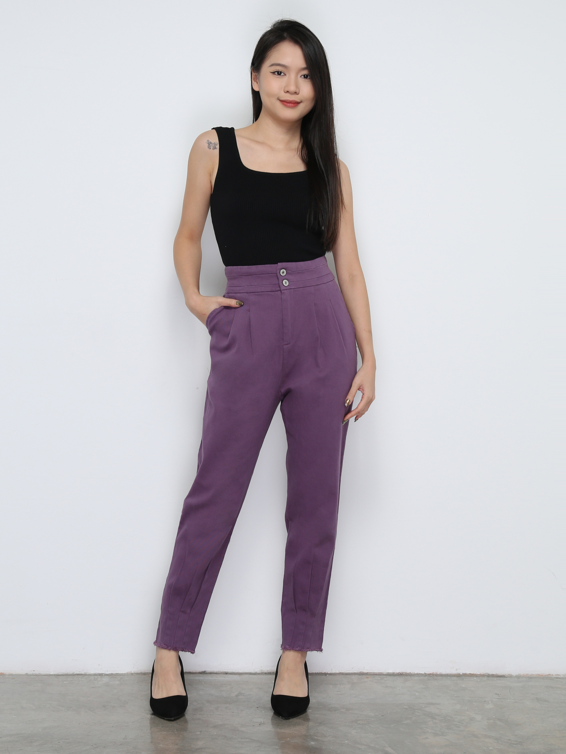 High Waist Front Button Pleated Long Pant 31873