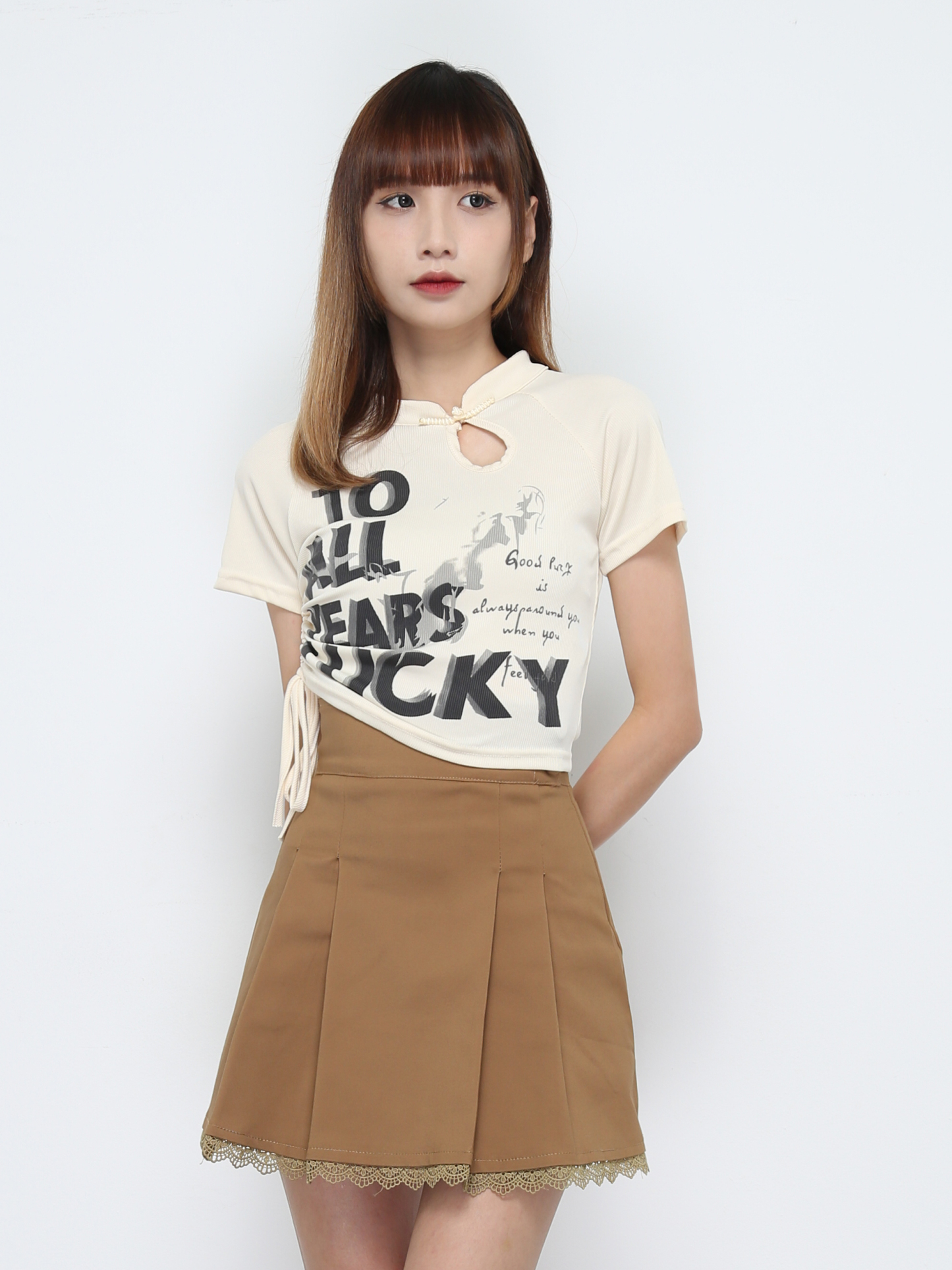 High Waist Side Pleated With Lace Skirt Pants 32190