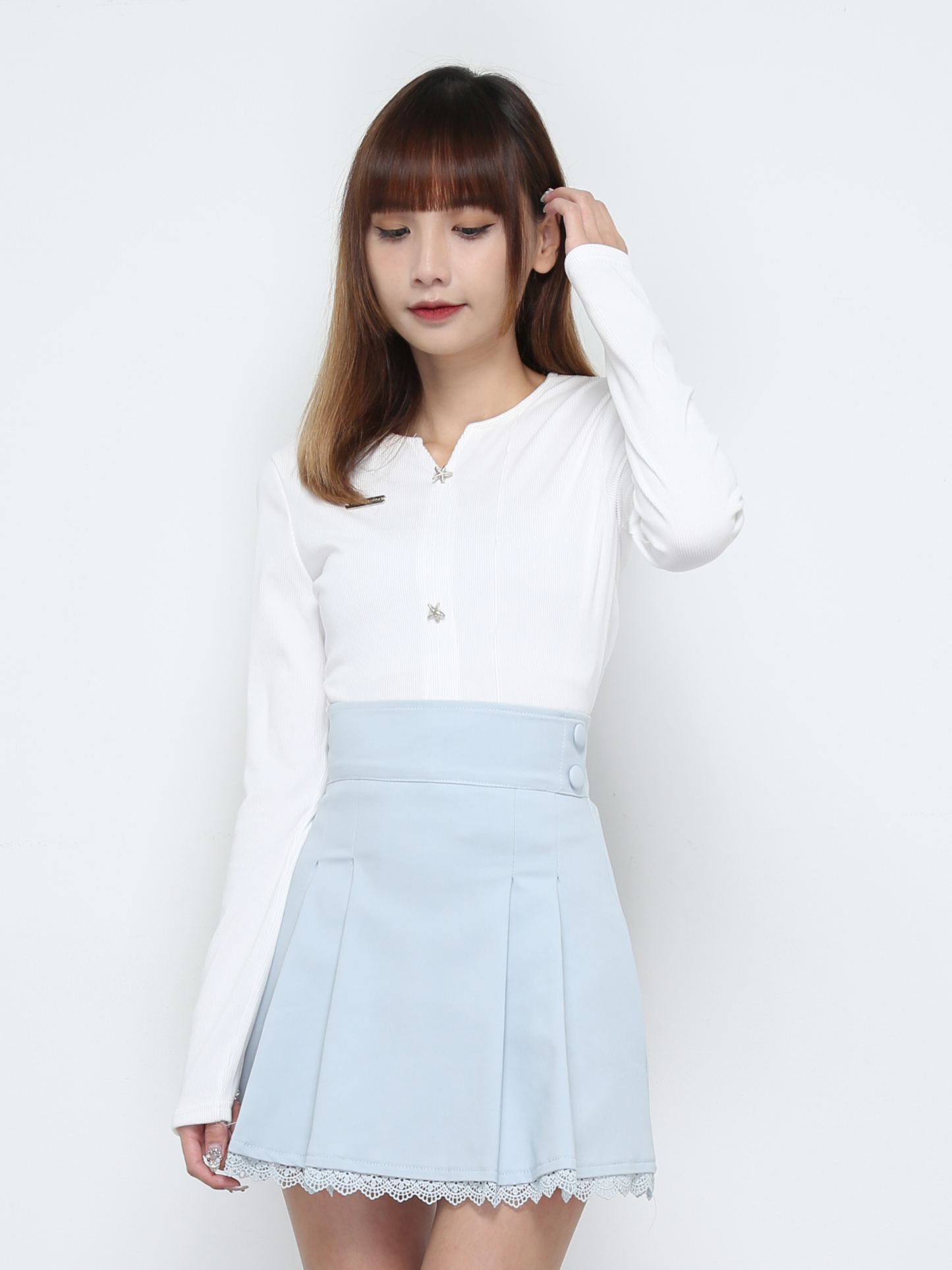 High Waist Side Pleated With Lace Skirt Pants 32190