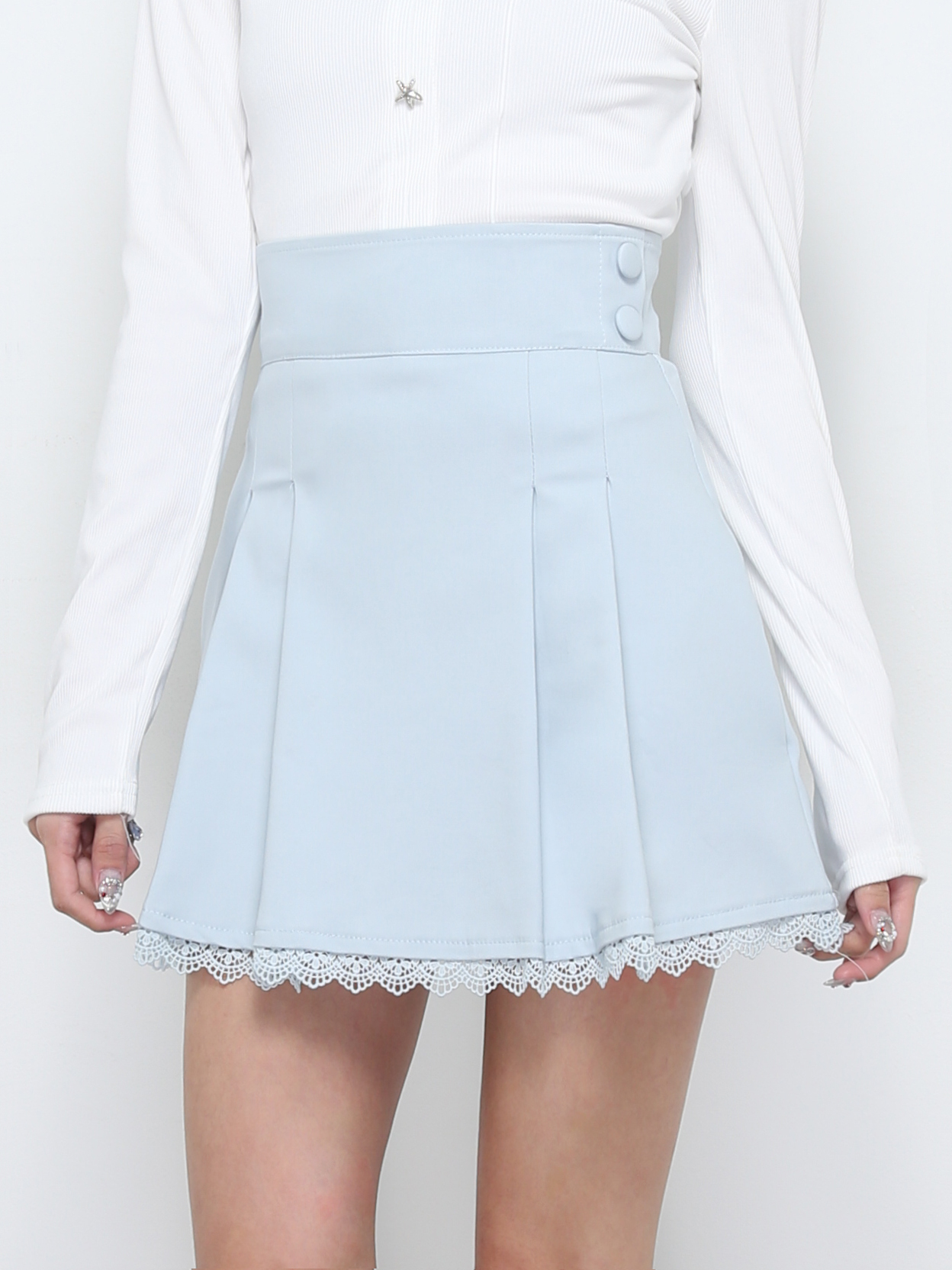 High Waist Side Pleated With Lace Skirt Pants 32190