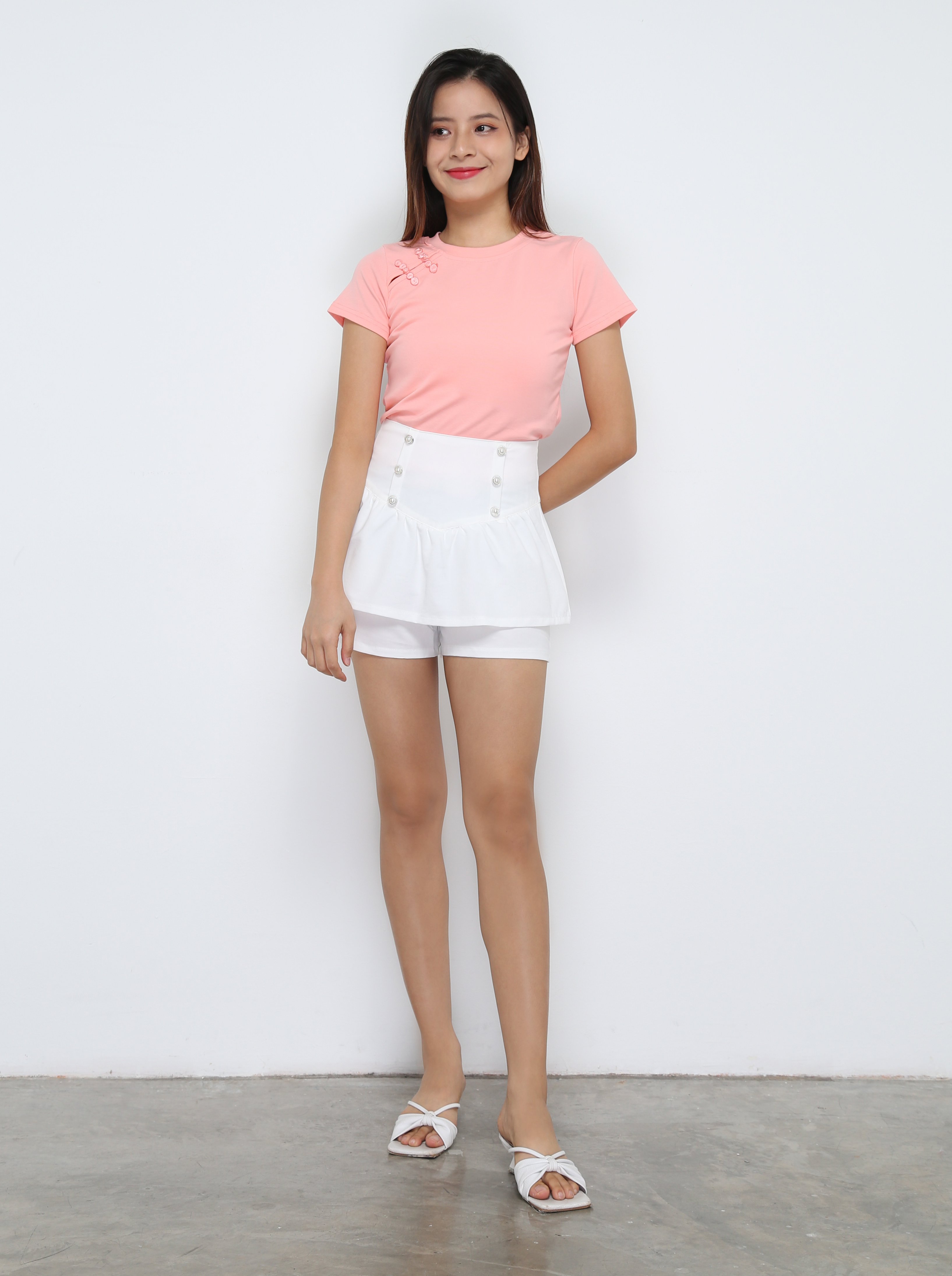 Back Zip Front Decorative Button Pleated Skirt Pant 32397