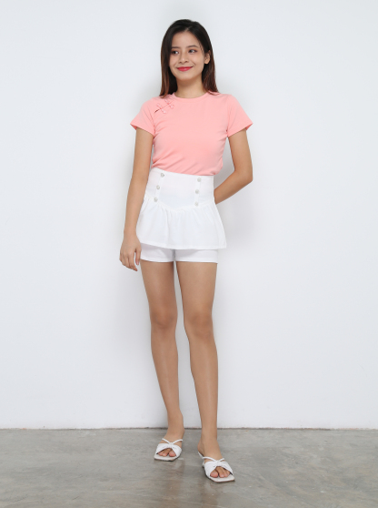 Back Zip Front Decorative Button Pleated Skirt Pant 32397