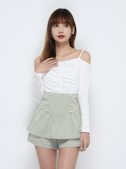 Back Zip Front Decorative Button Pleated Skirt Pant 32397