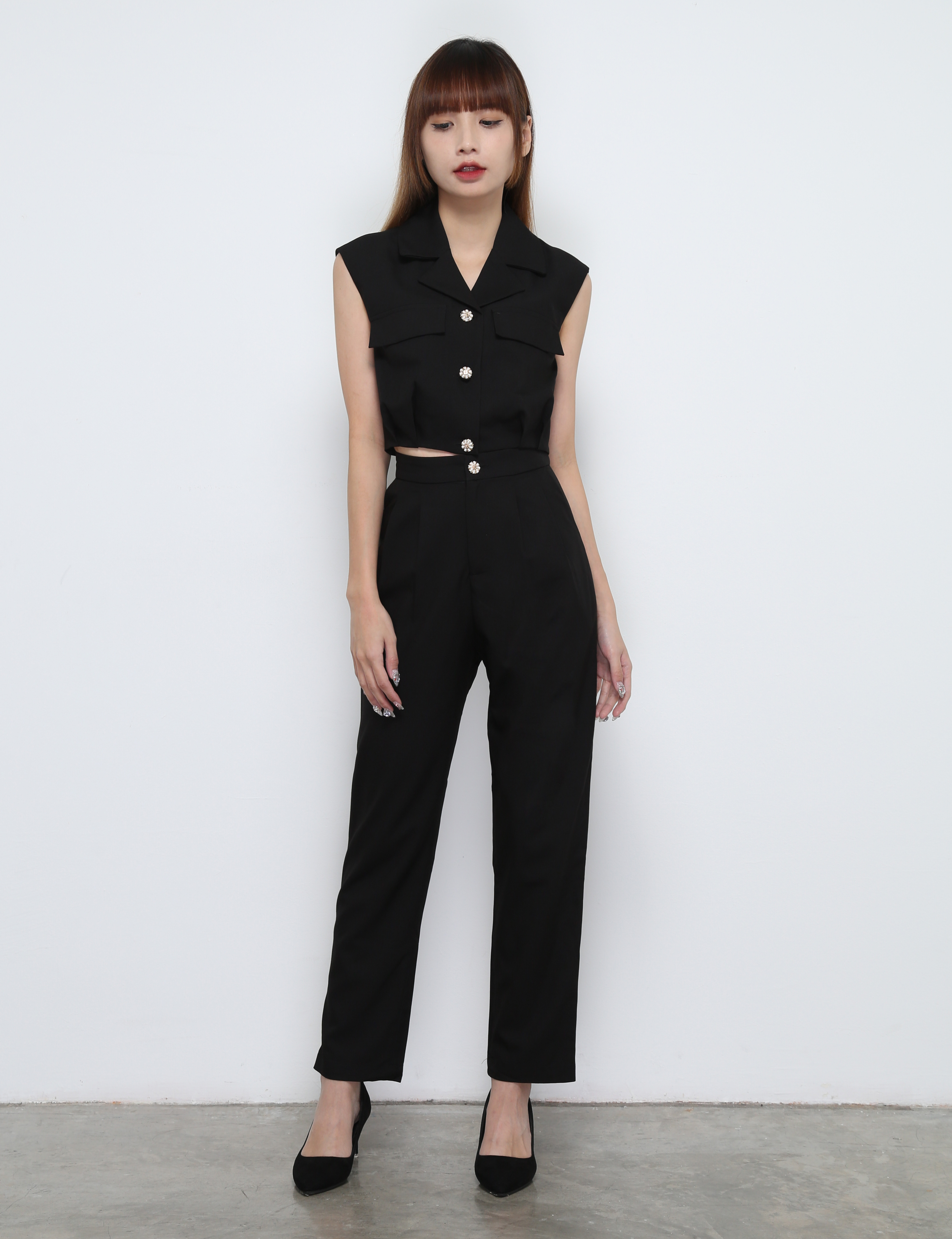 Sleeveless Front Button Top With long Pants Set 32252