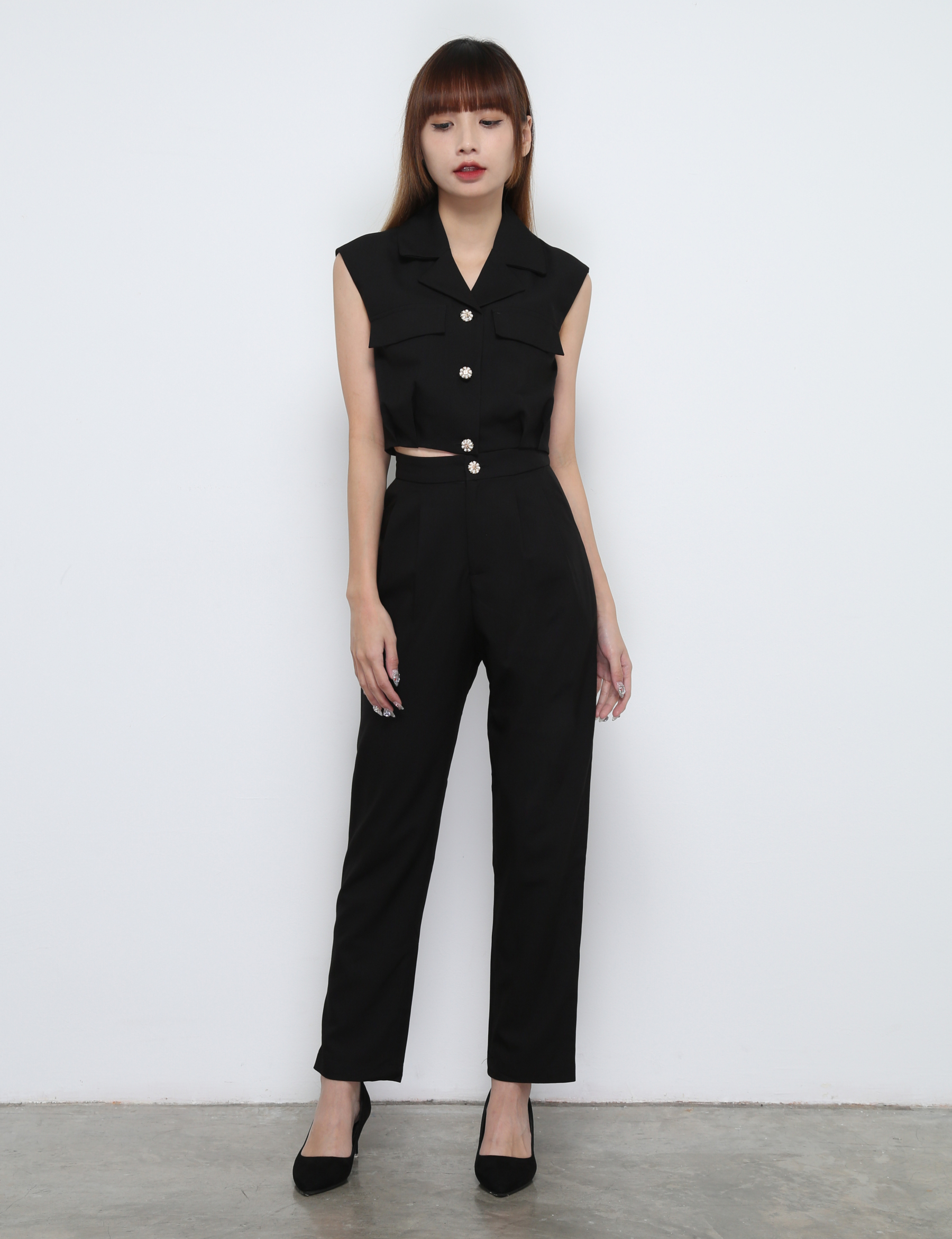 Sleeveless Front Button Top With long Pants Set 32252