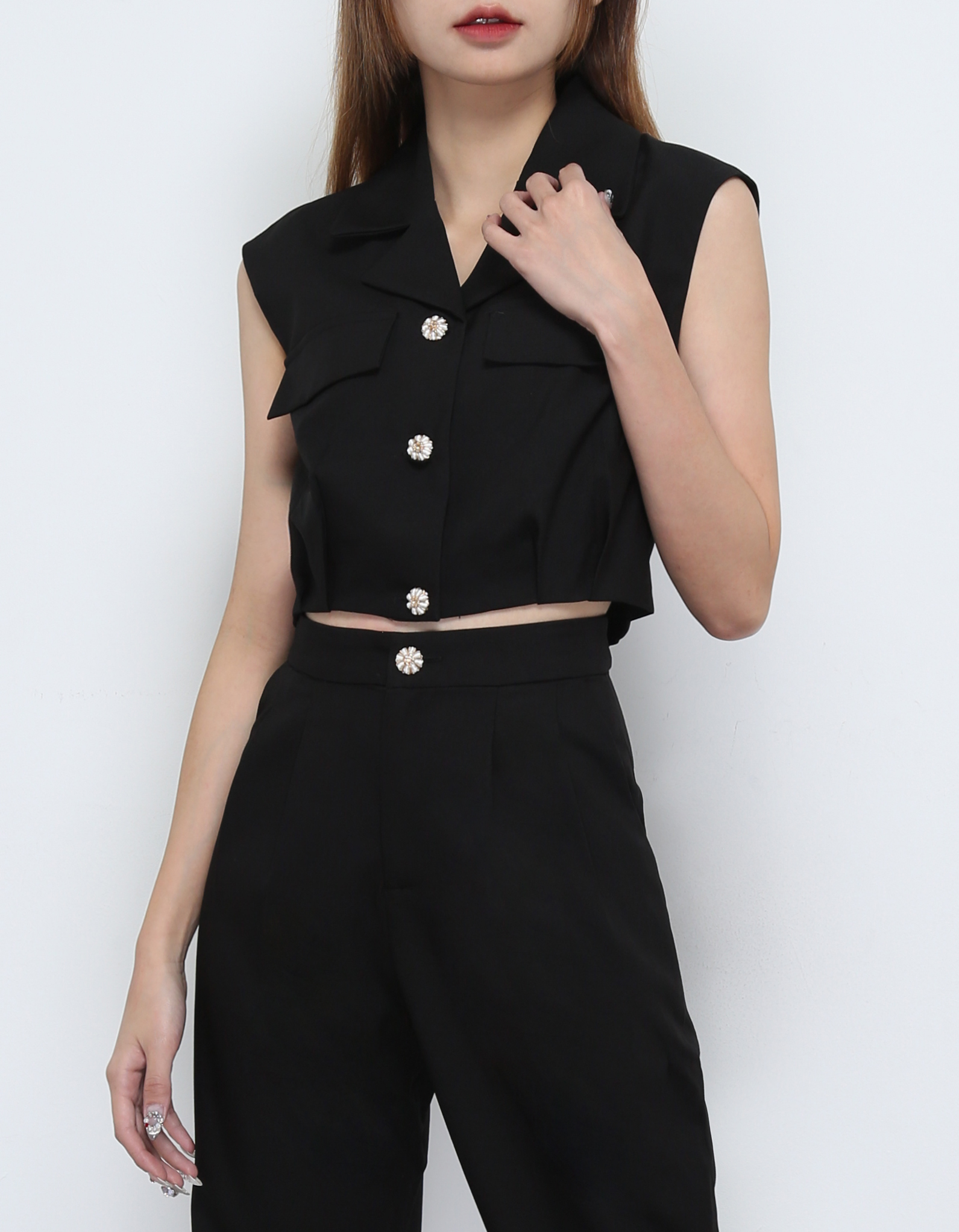 Sleeveless Front Button Top With long Pants Set 32252