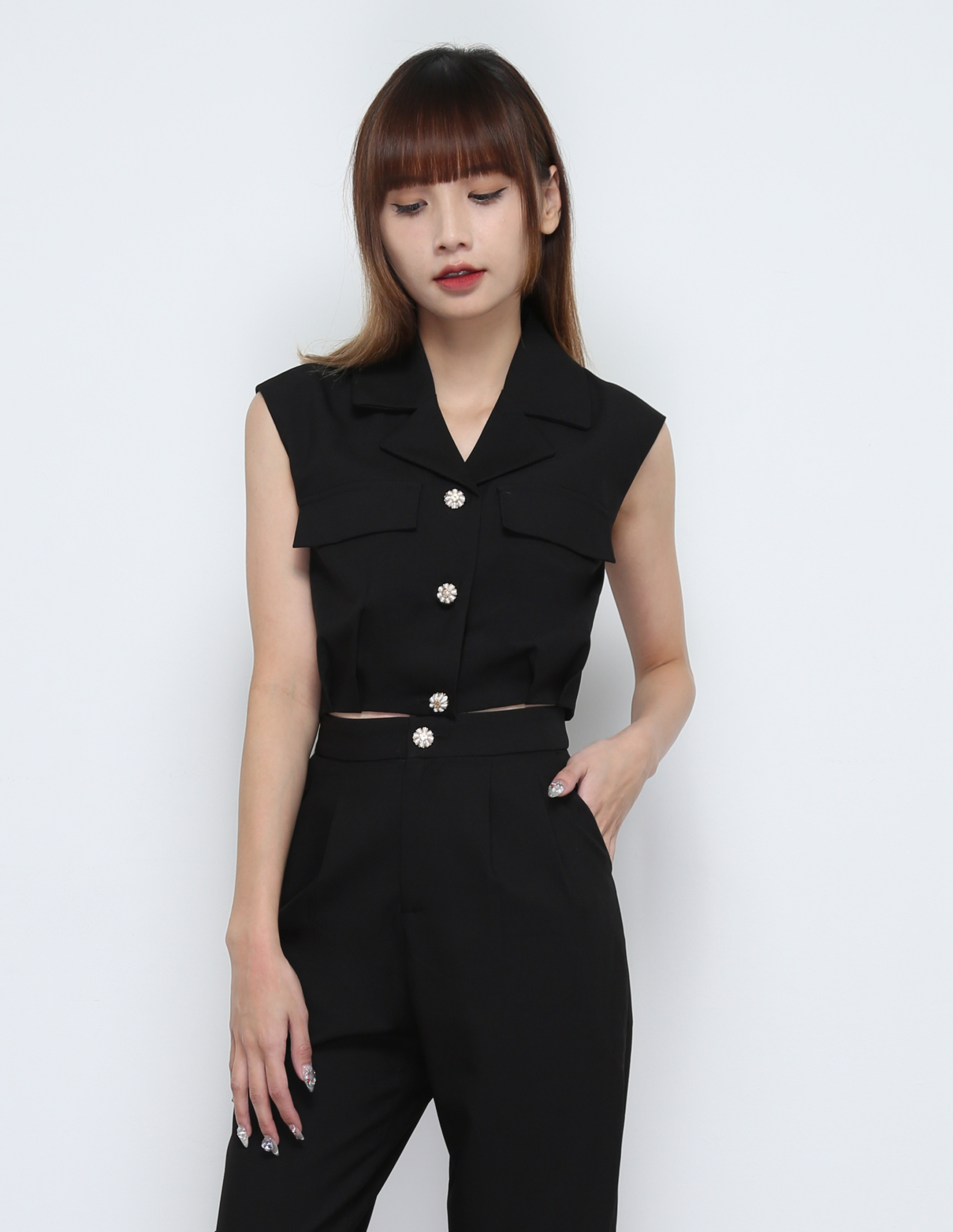 Sleeveless Front Button Top With long Pants Set 32252