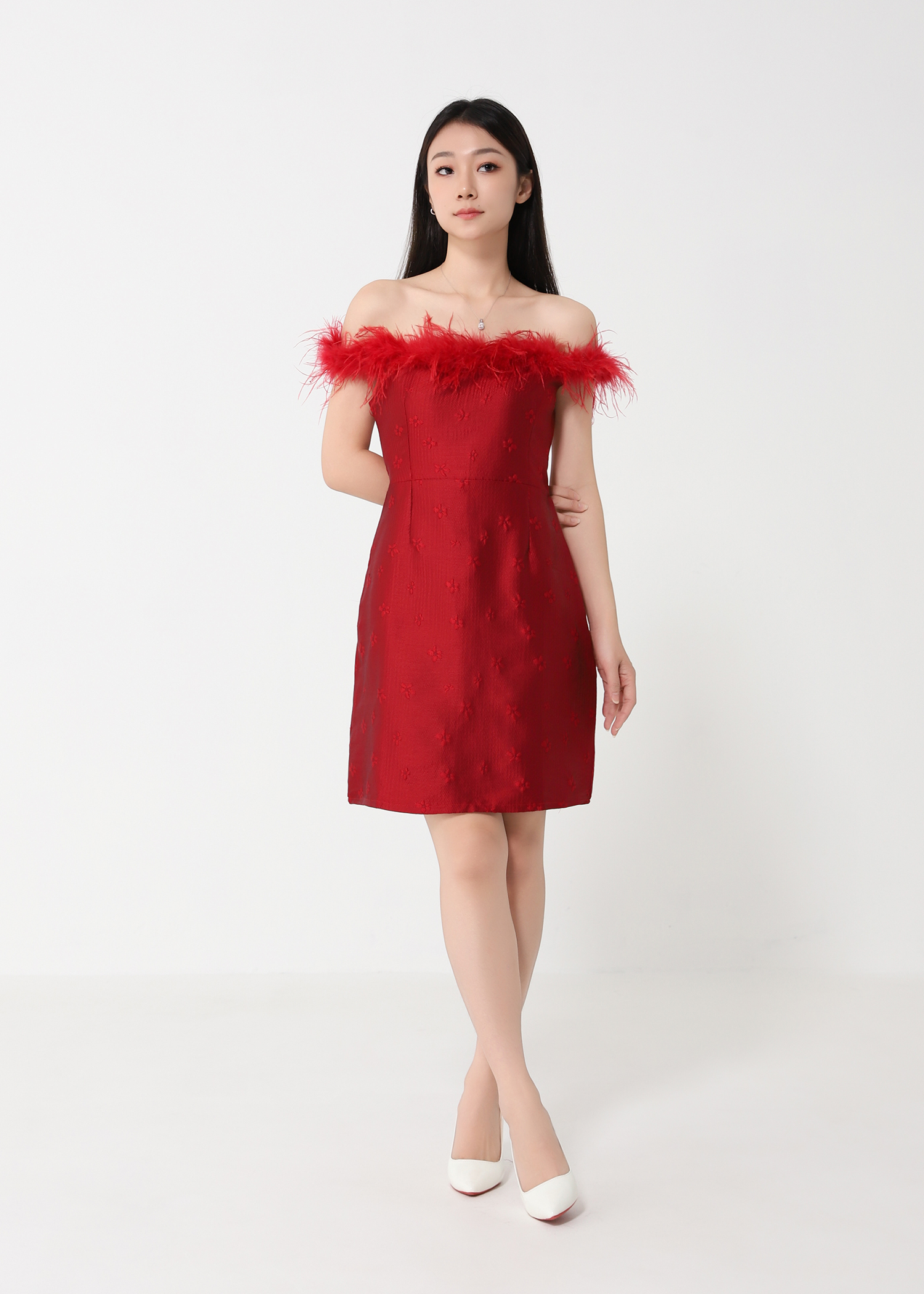 Off Shoulder With Fur Dress 32332