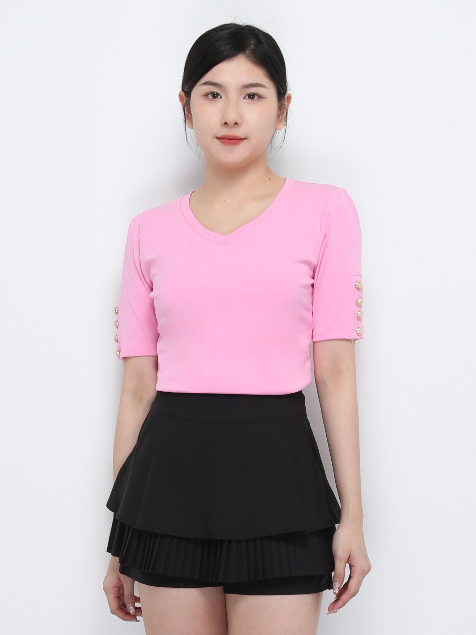 Short Sleeve With Decorative Button V Neck Top 32376