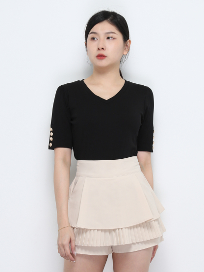 Short Sleeve With Decorative Button V Neck Top 32376
