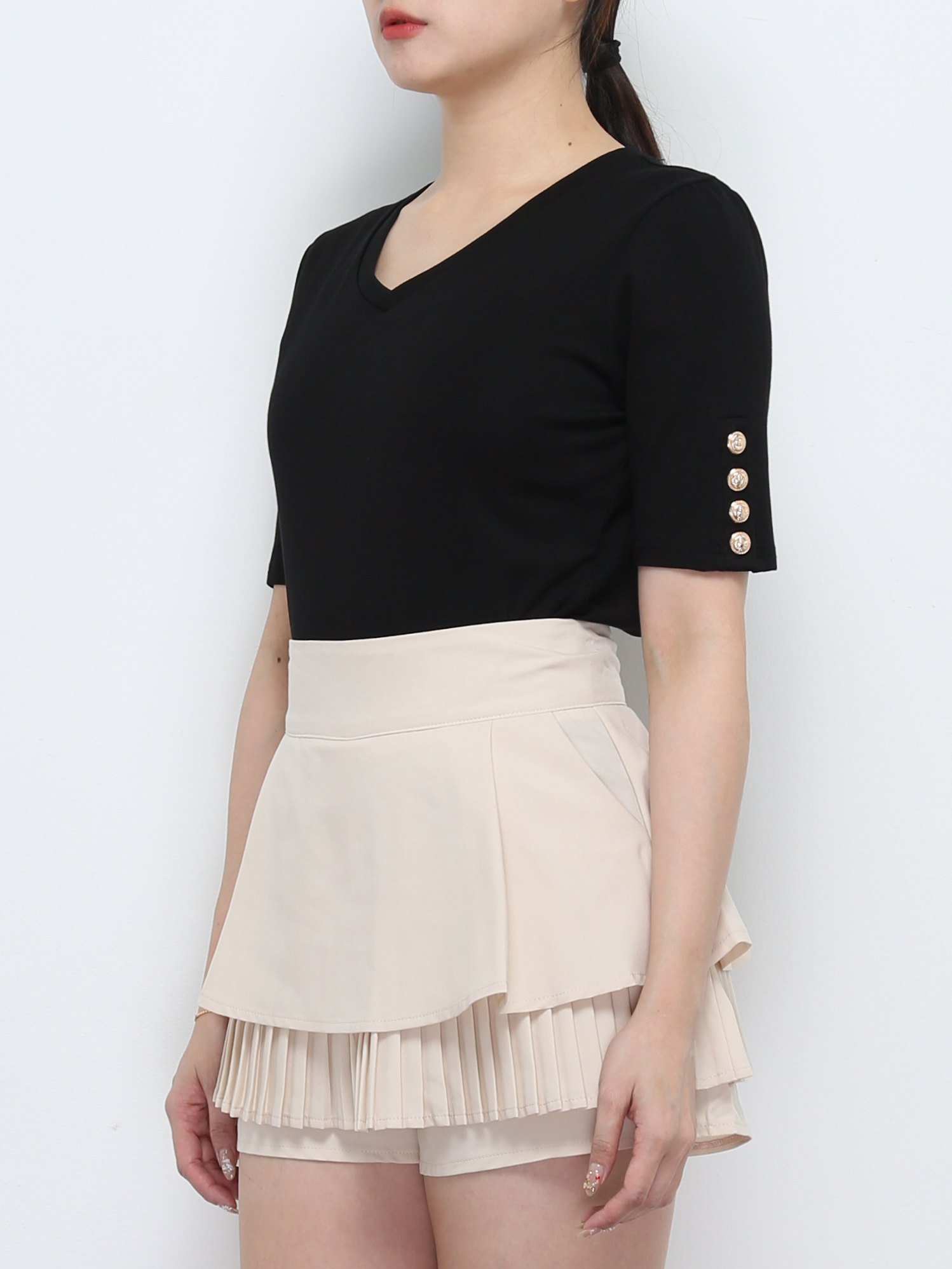 Short Sleeve With Decorative Button V Neck Top 32376