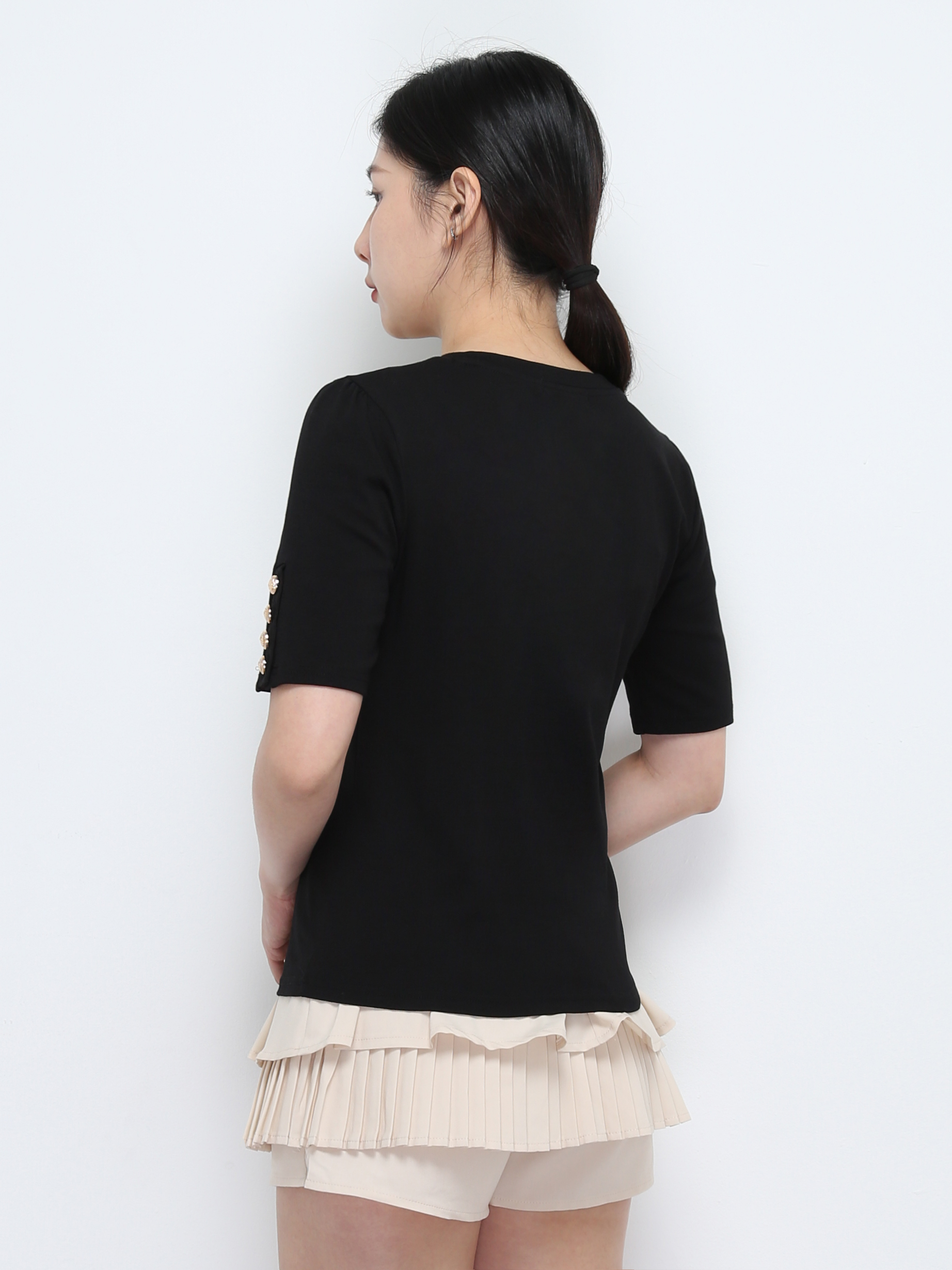 Short Sleeve With Decorative Button V Neck Top 32376