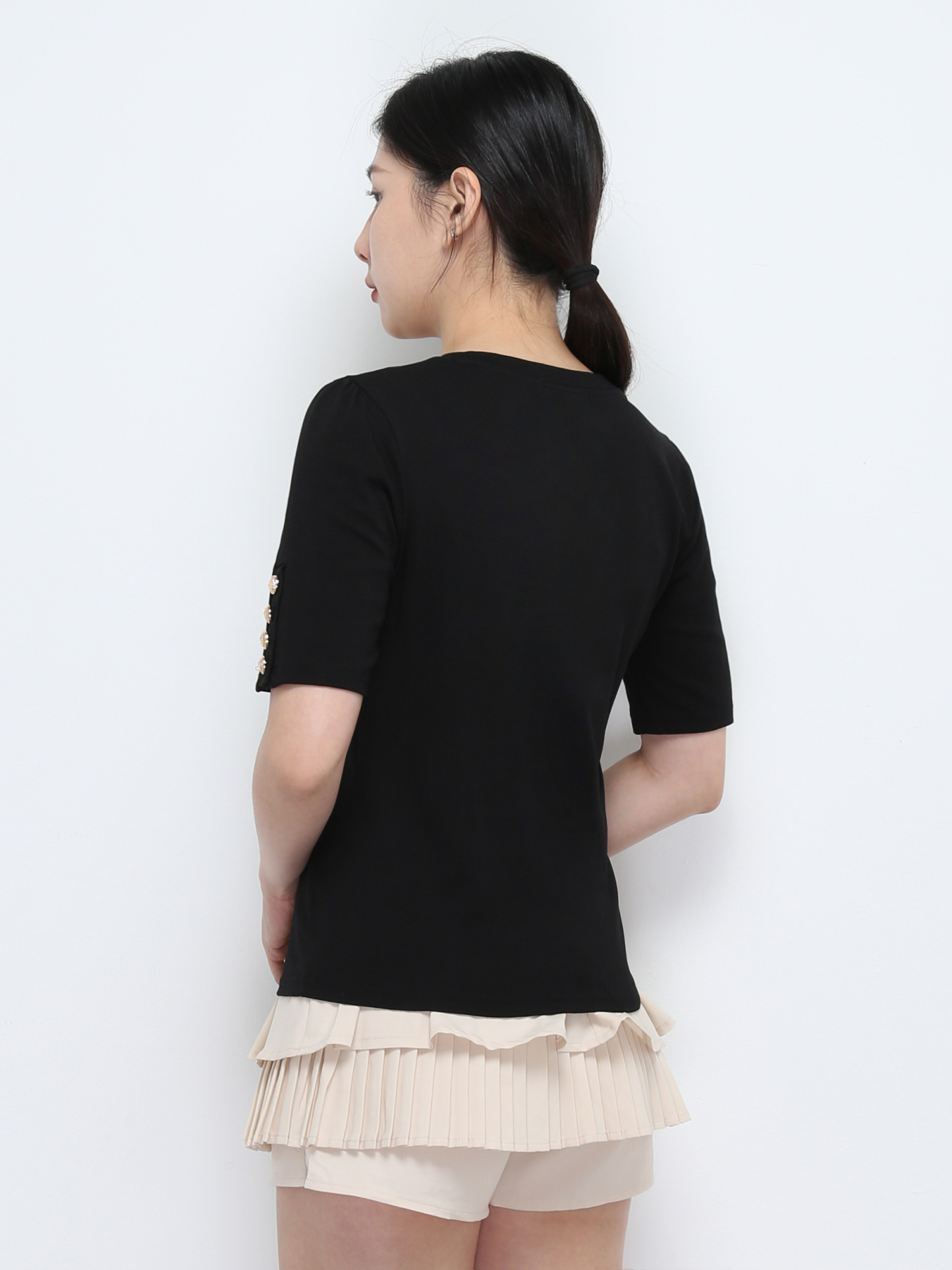 Short Sleeve With Decorative Button V Neck Top 32376